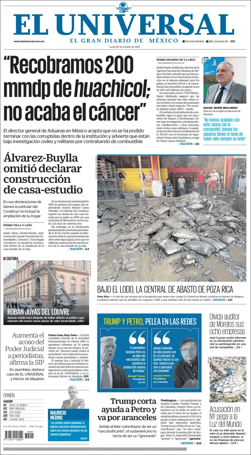 Portada de El Universal del lunes, 20 de octubre de 2025