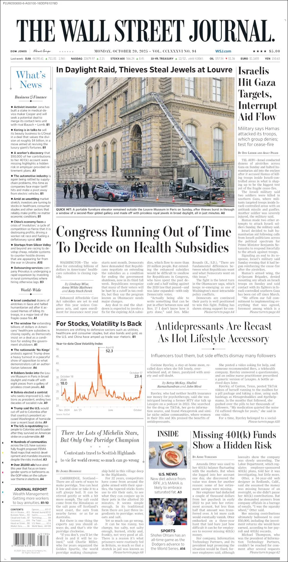 Portada de The Wall Street Journal del lunes, 20 de octubre de 2025