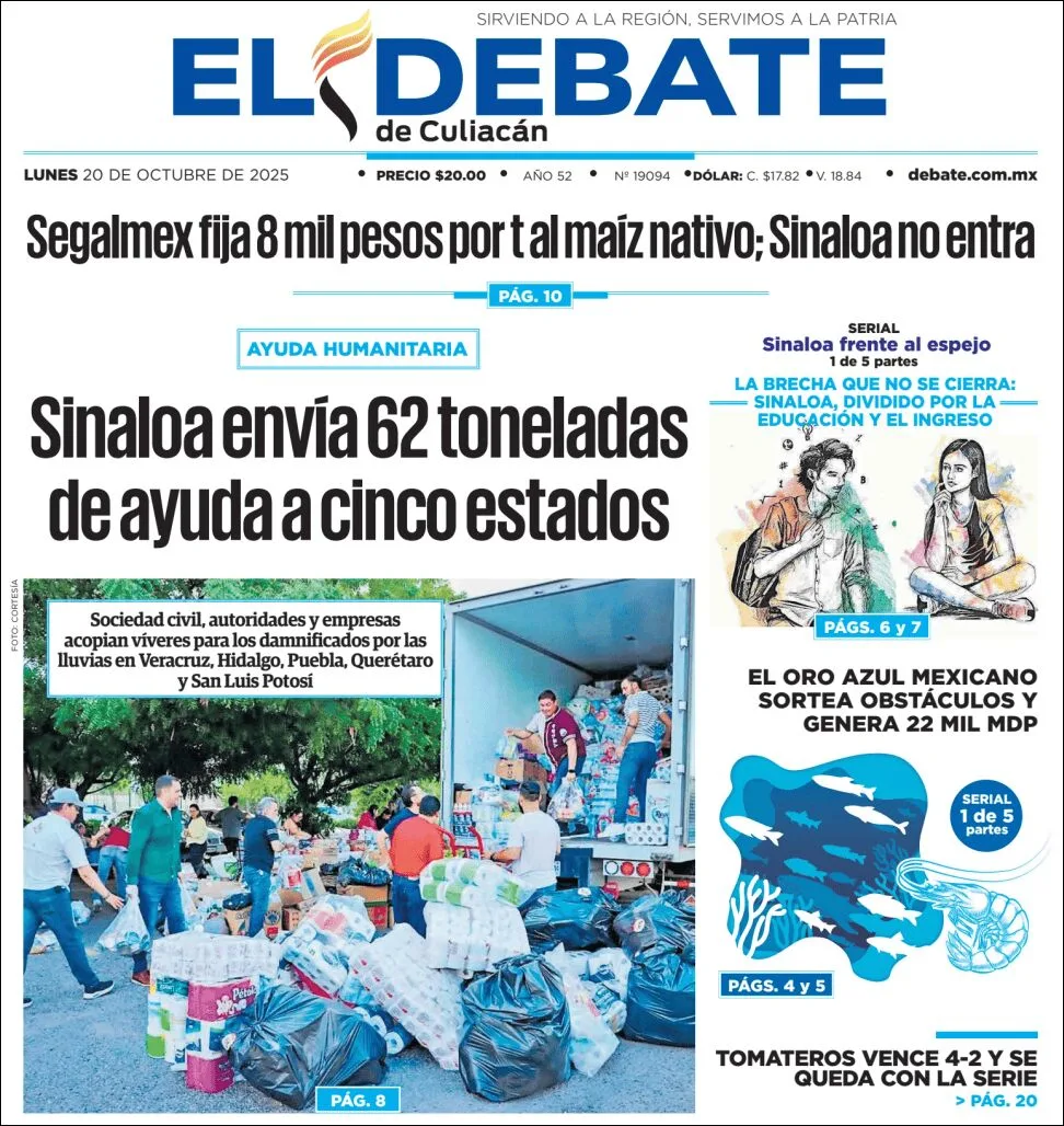Portada de El Debate de Culiacan del lunes, 20 de octubre de 2025