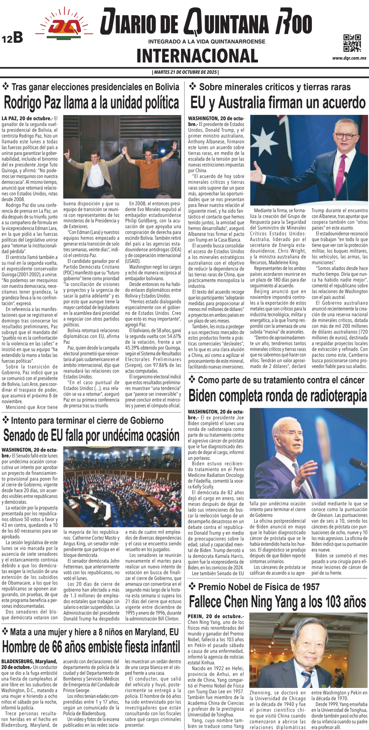 Portada de Diario de Quintana Roo (contra Portada) del martes, 21 de octubre de 2025