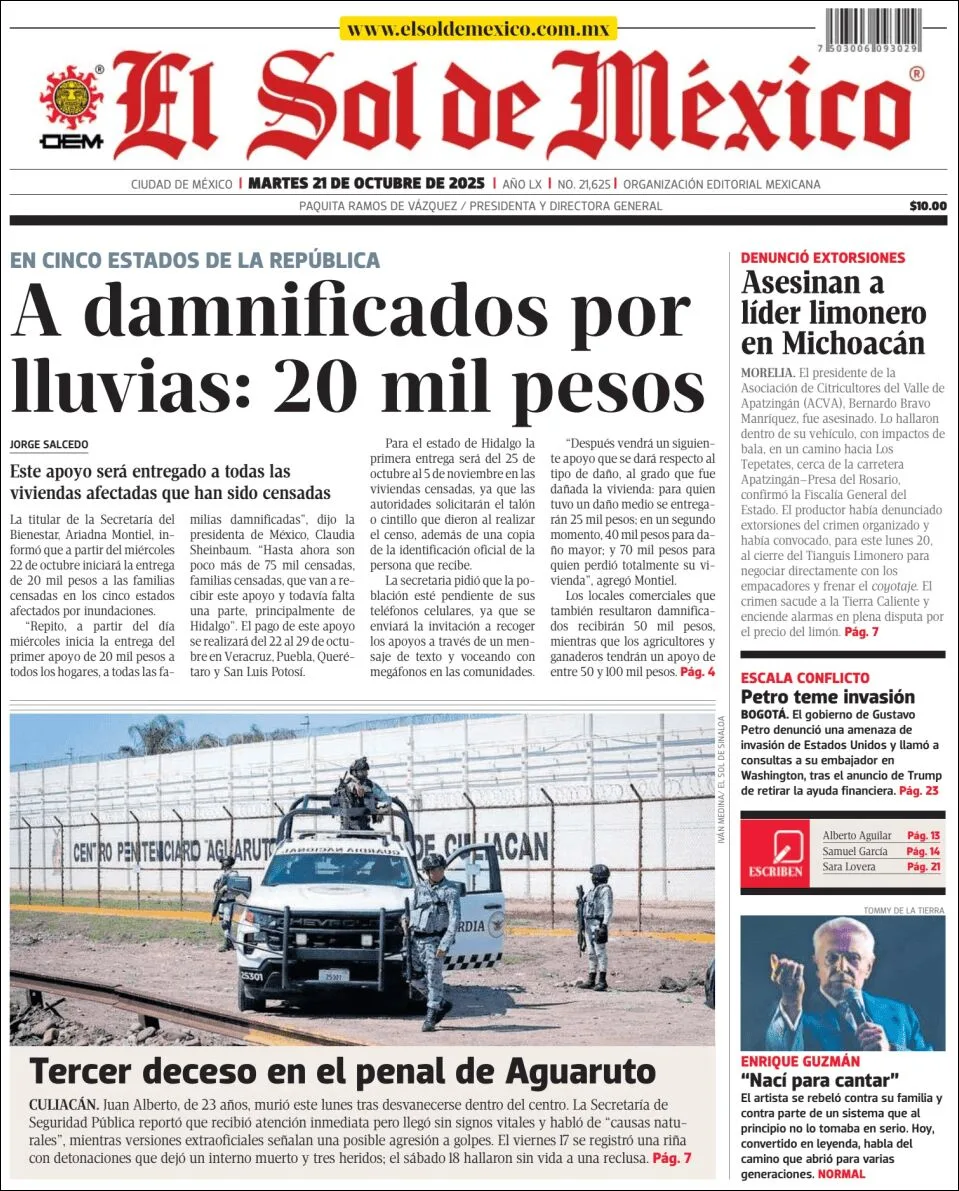 Portada de El Sol de Mexico del martes, 21 de octubre de 2025