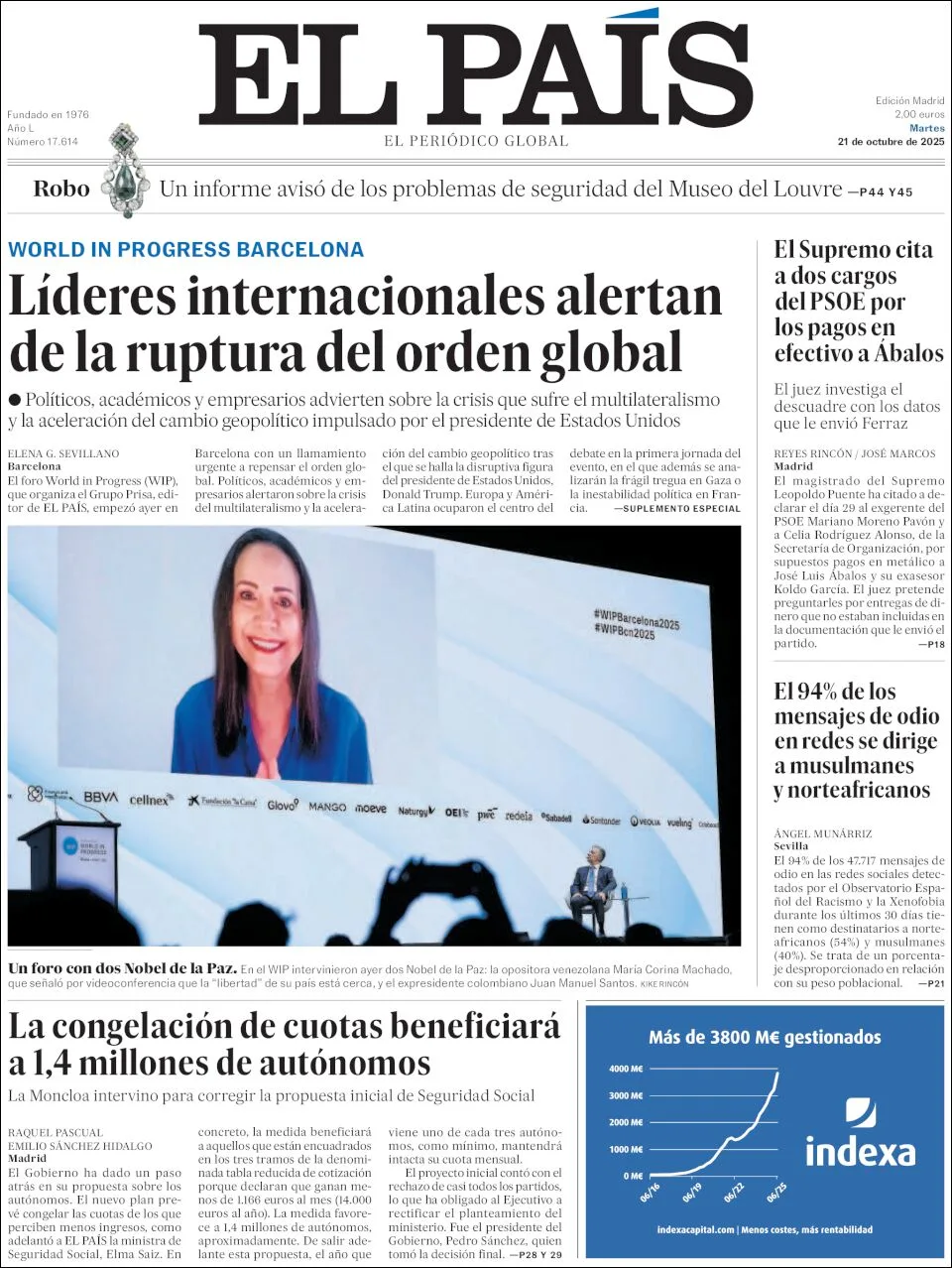 Portada de El Pais del martes, 21 de octubre de 2025