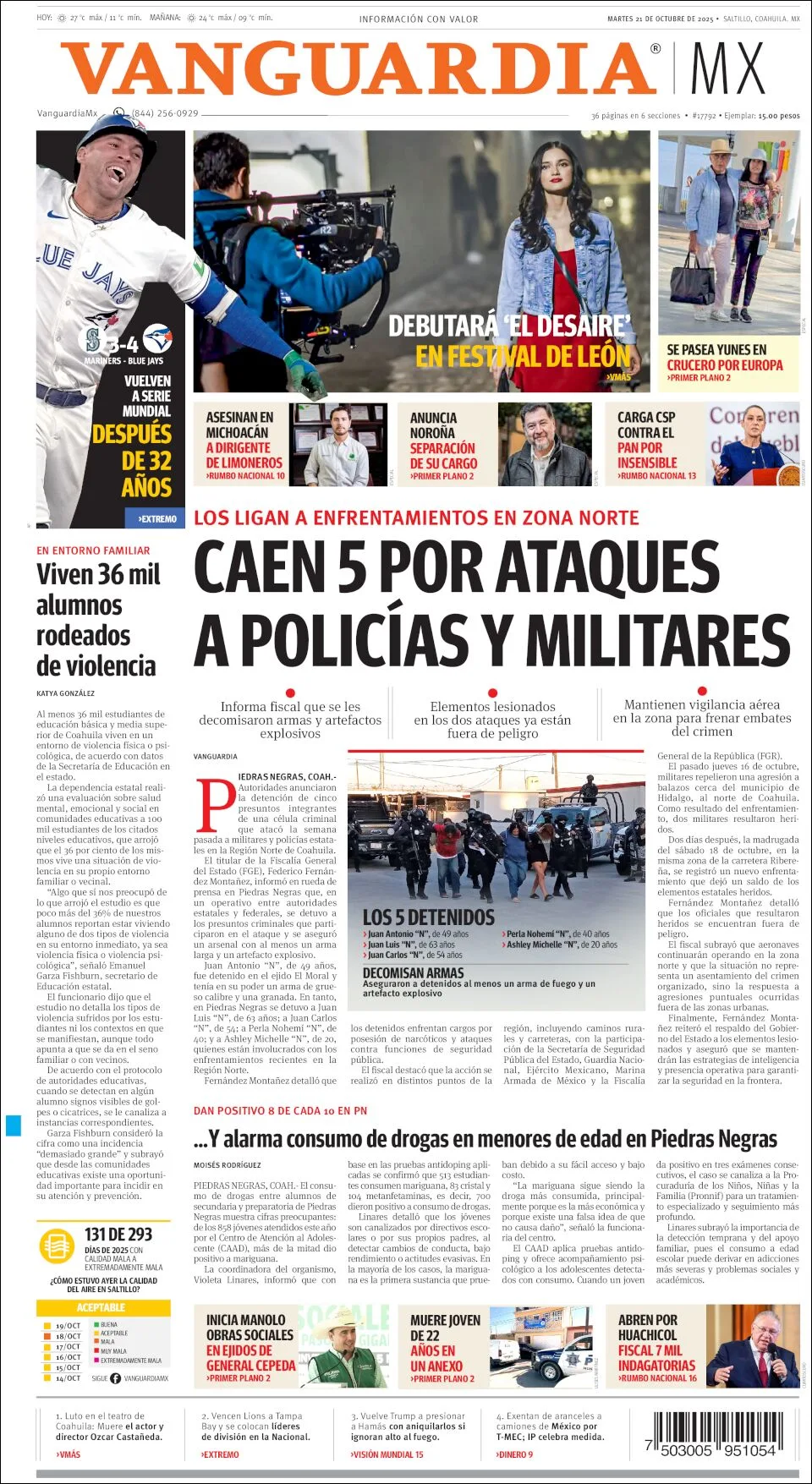 Portada de Vanguardia del martes, 21 de octubre de 2025