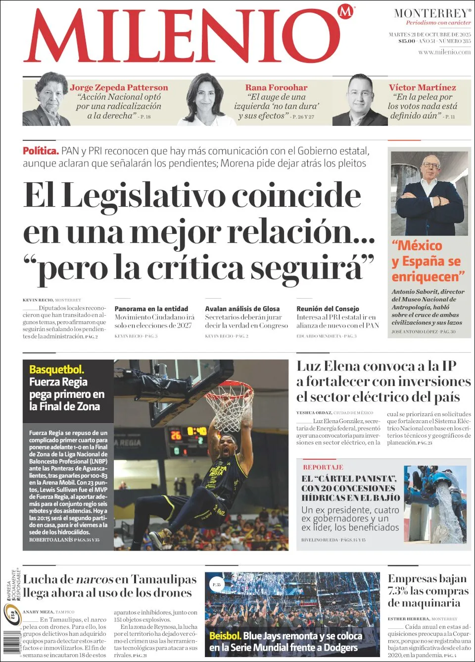 Portada de Milenio del martes, 21 de octubre de 2025