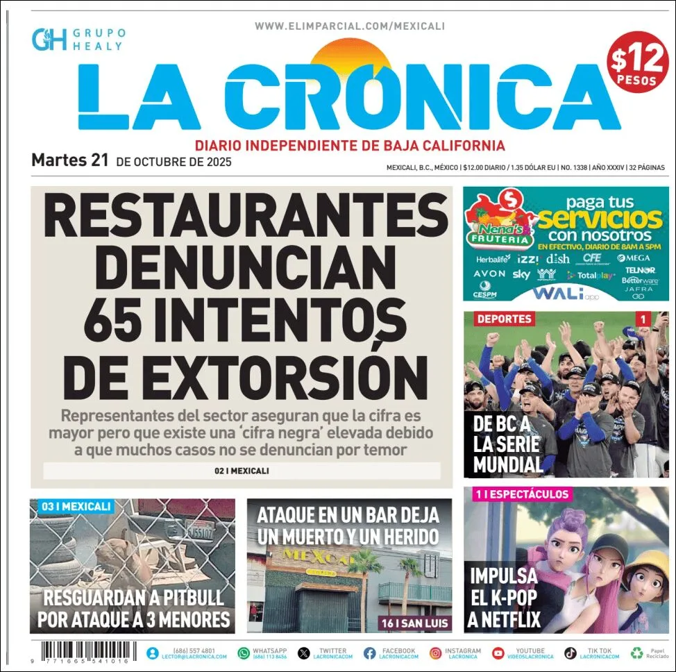 Portada de La Cronica del martes, 21 de octubre de 2025
