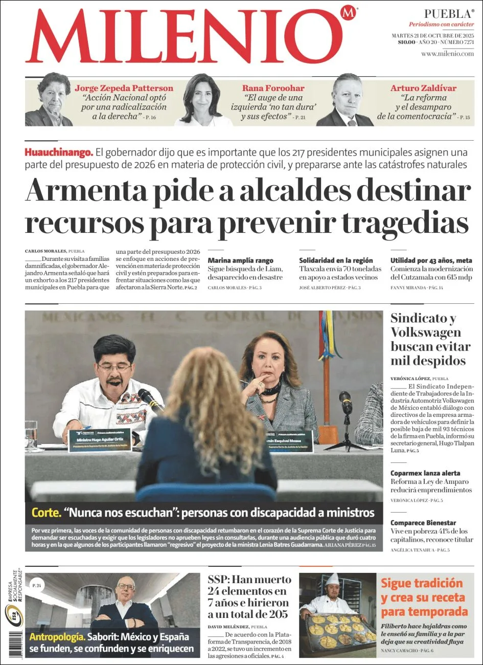 Portada de Milenio Puebla del martes, 21 de octubre de 2025