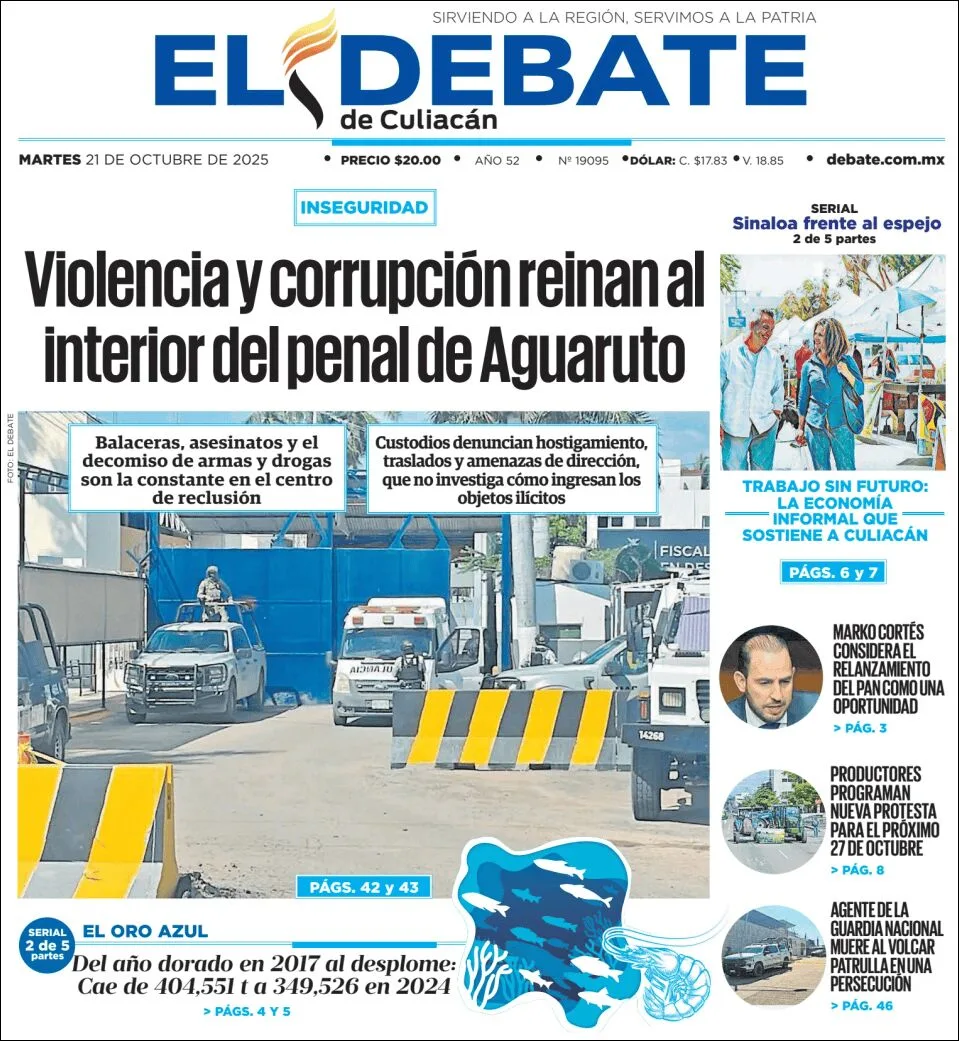 Portada de El Debate de Culiacan del martes, 21 de octubre de 2025
