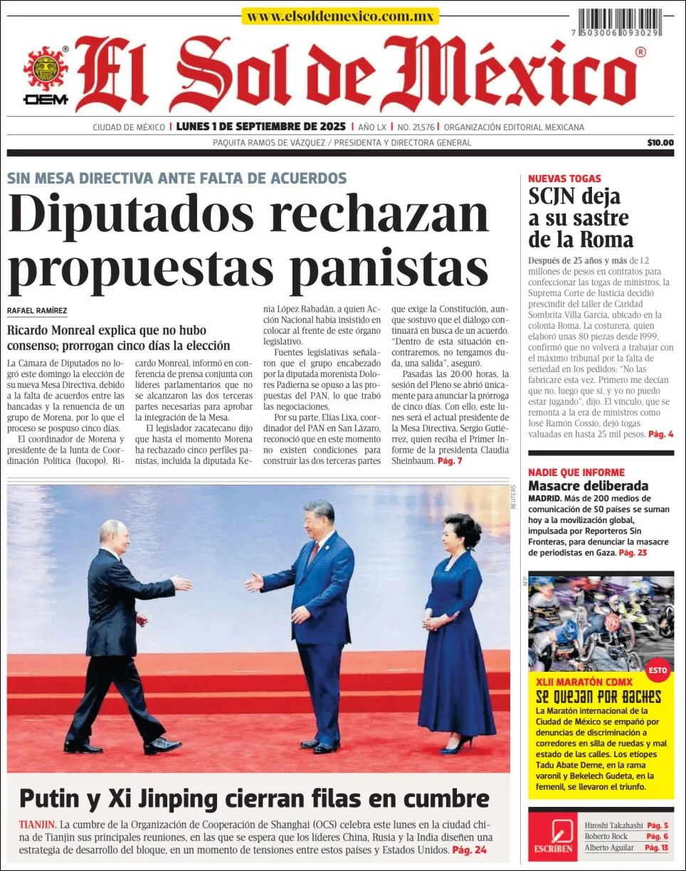 Portada de El Sol de Mexico del lunes, 1 de septiembre de 2025