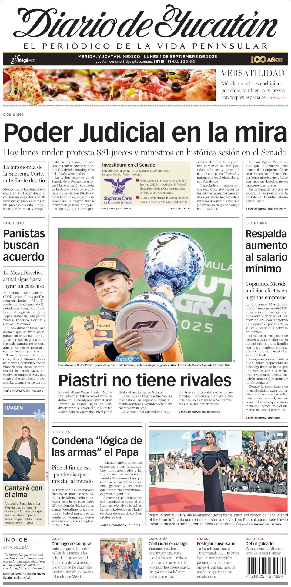 Portada de Diario de Yucatán del lunes, 1 de septiembre de 2025
