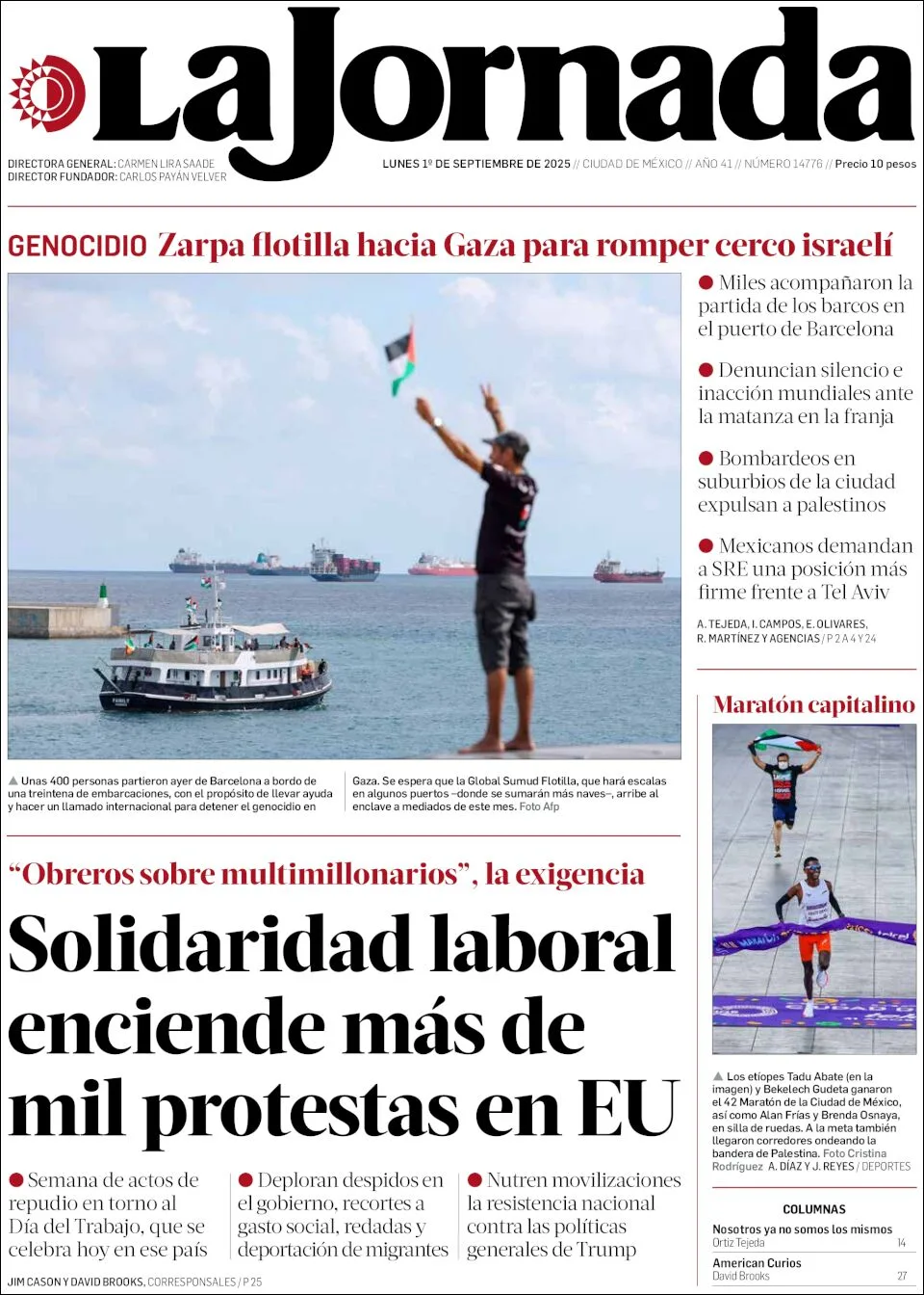 Portada de La Jornada del lunes, 1 de septiembre de 2025