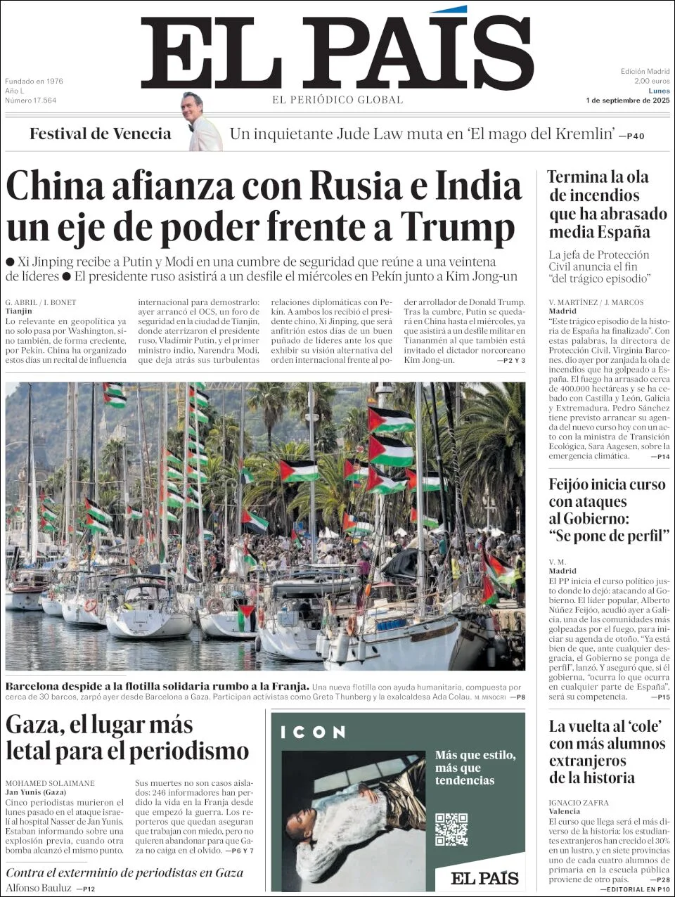 Portada de El Pais del lunes, 1 de septiembre de 2025