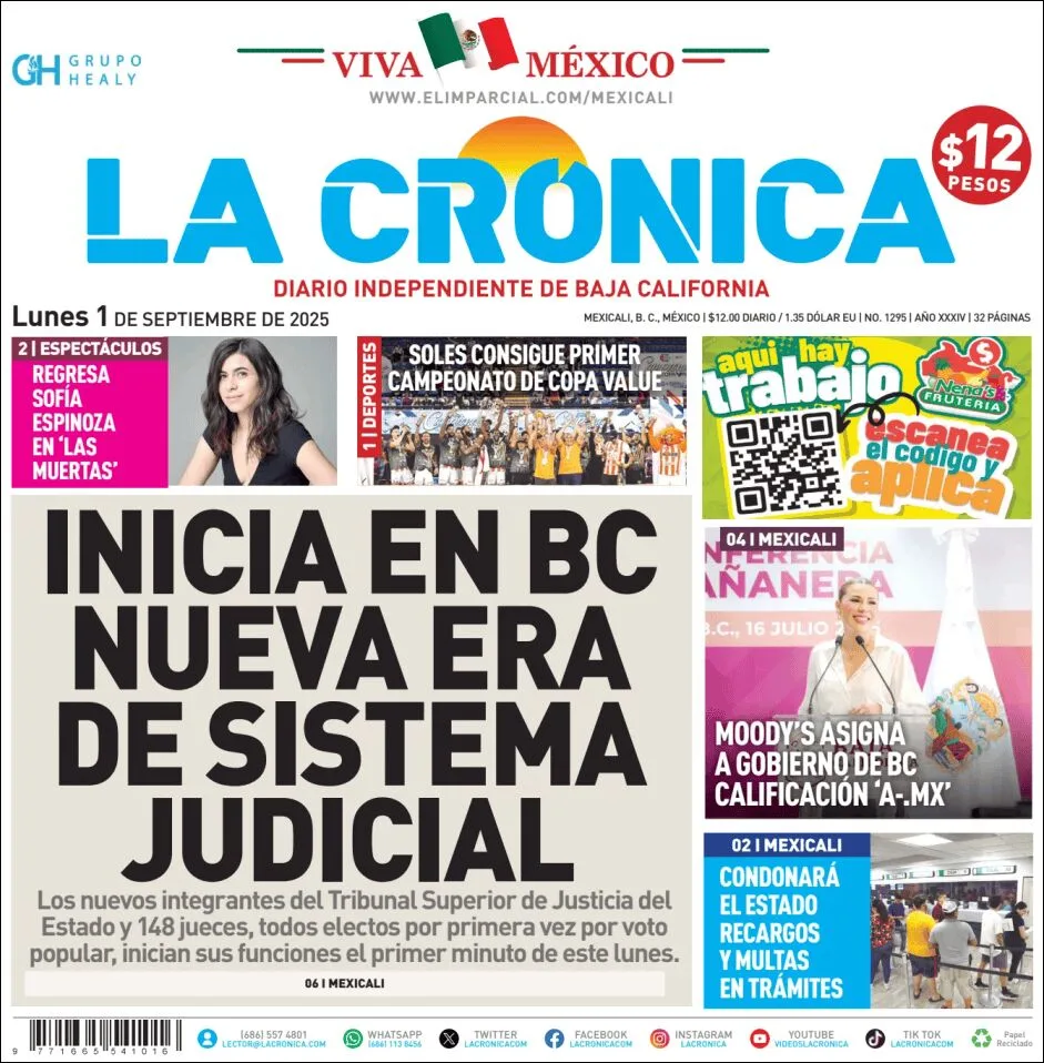 Portada de La Cronica del lunes, 1 de septiembre de 2025