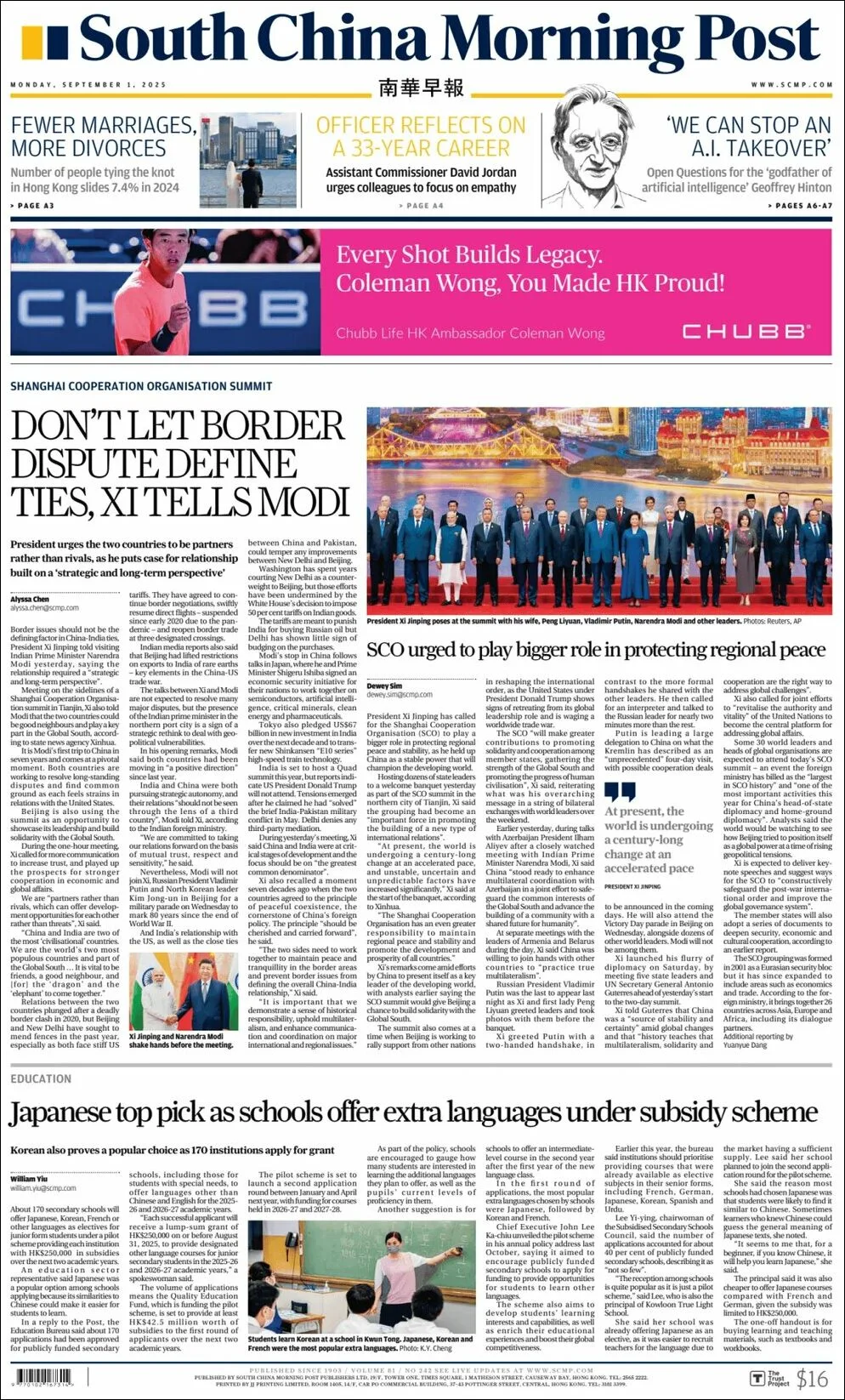 Portada de South China Morning Post del lunes, 1 de septiembre de 2025