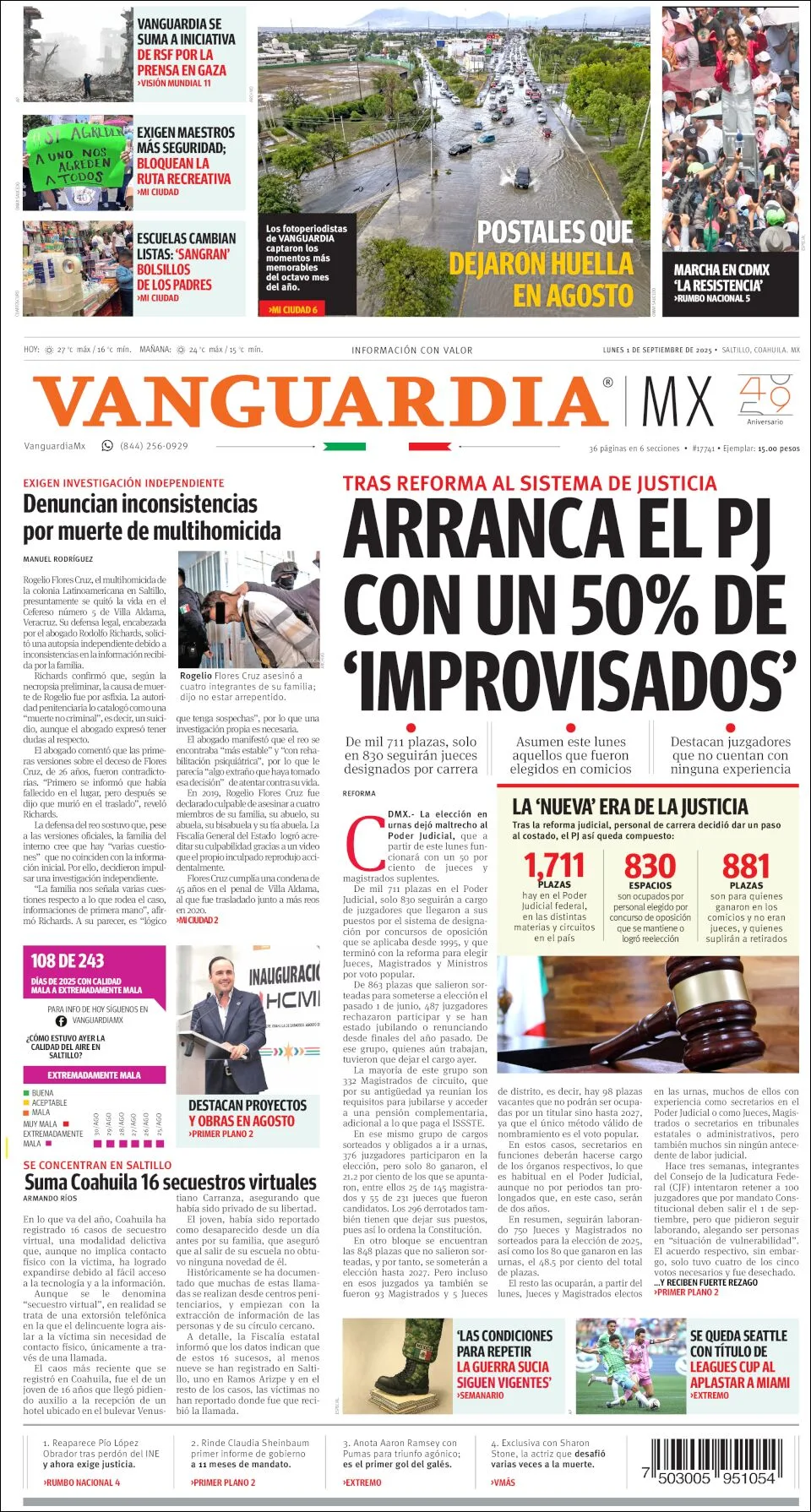 Portada de Vanguardia del lunes, 1 de septiembre de 2025