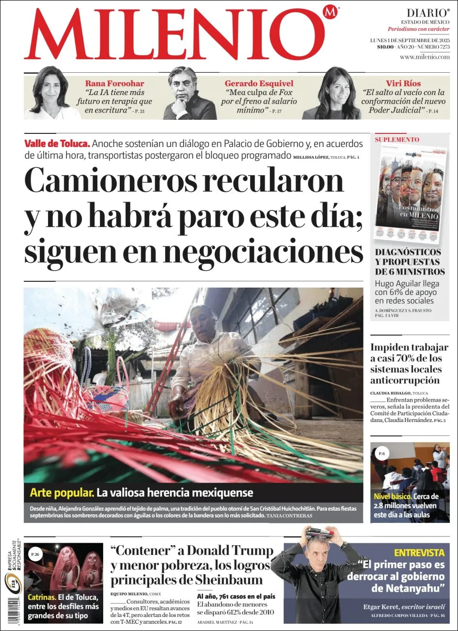 Portada de Milenio Edo de Mexico del lunes, 1 de septiembre de 2025