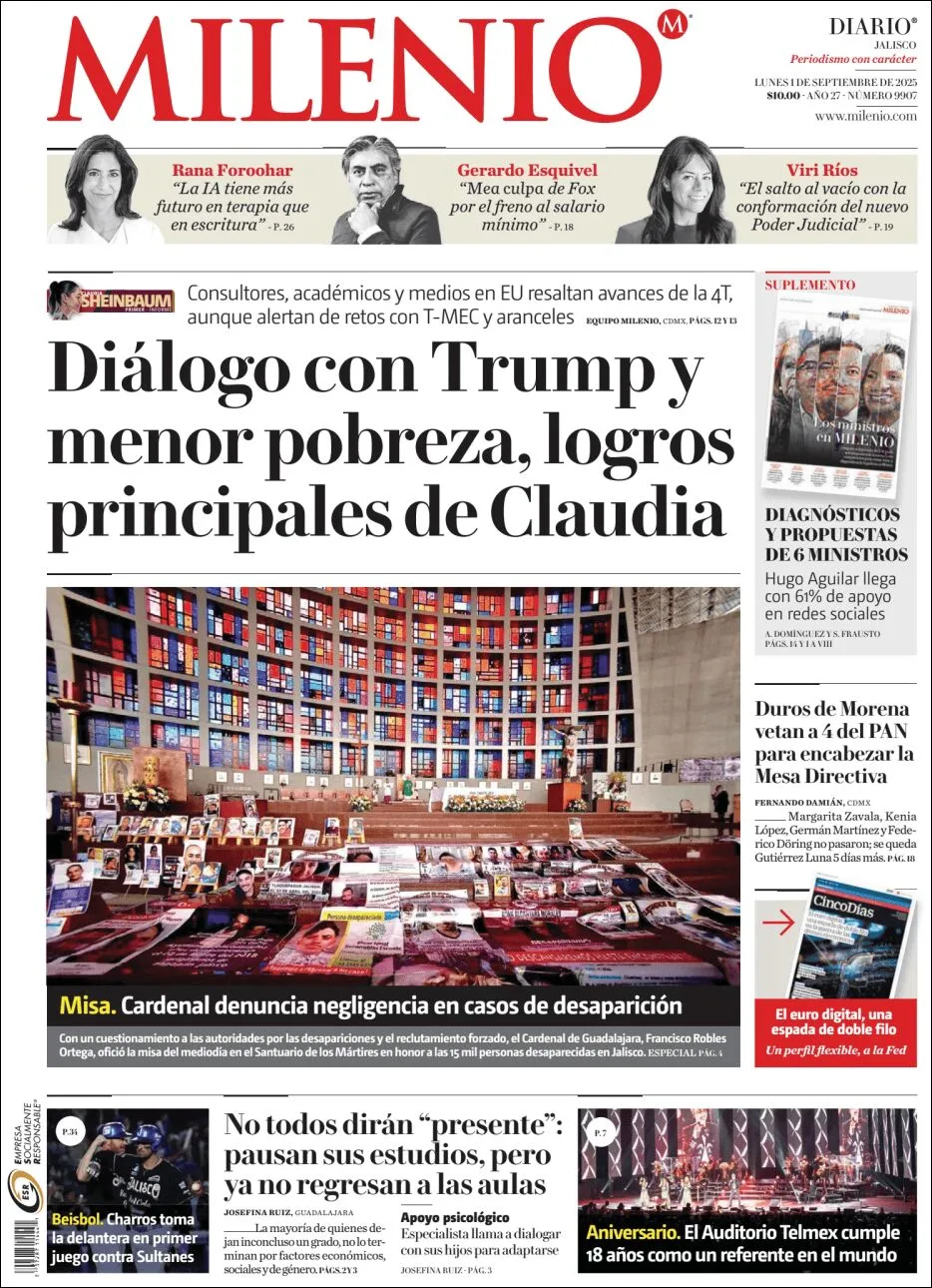 Portada de Milenio Jalisco del lunes, 1 de septiembre de 2025