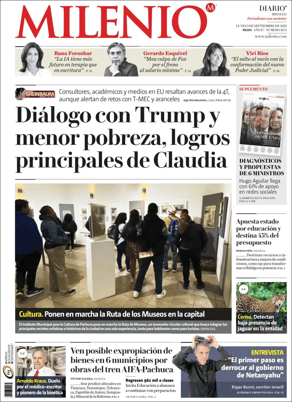 Portada de Milenio Hidalgo del lunes, 1 de septiembre de 2025