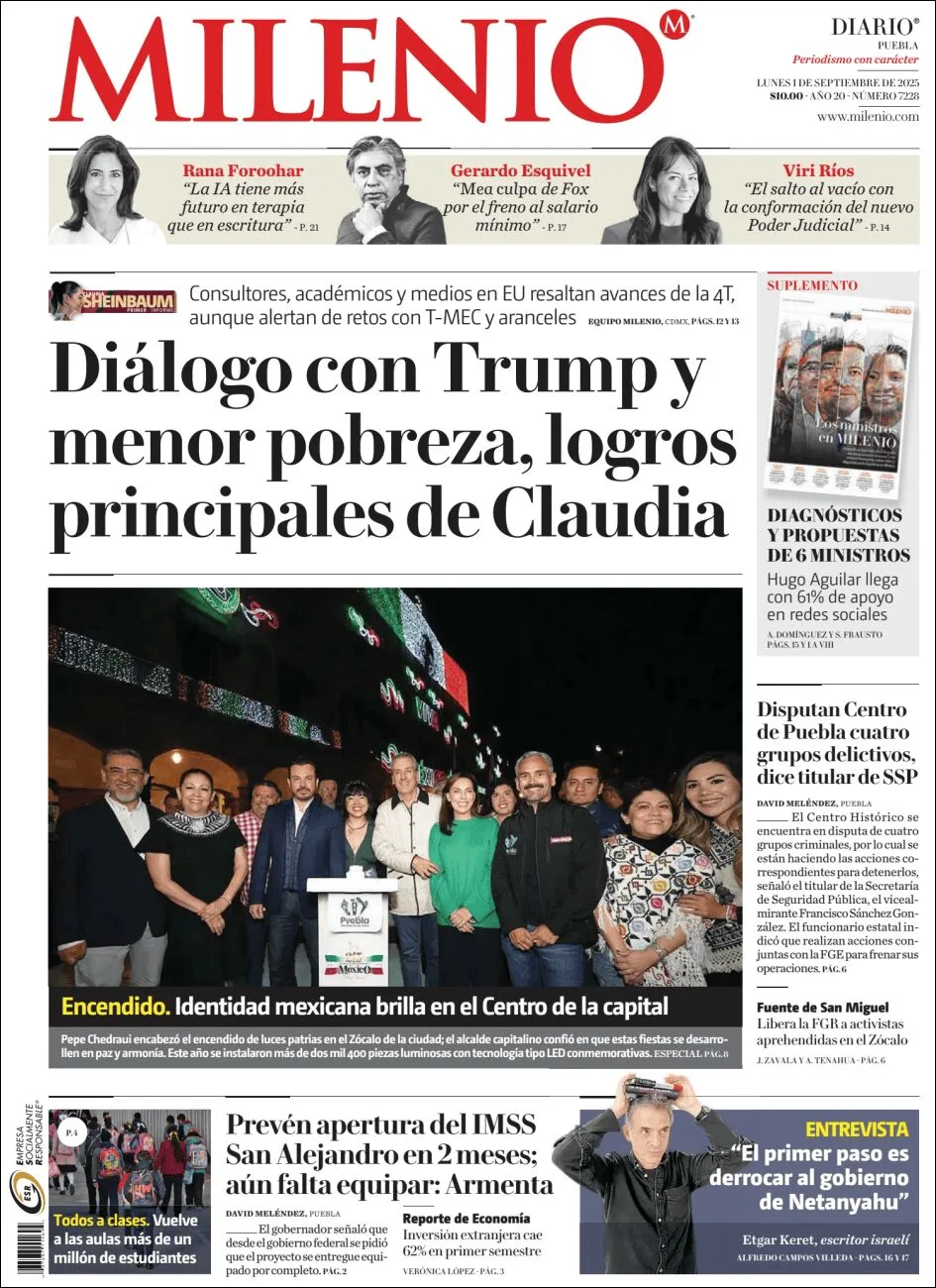 Portada de Milenio Puebla del lunes, 1 de septiembre de 2025
