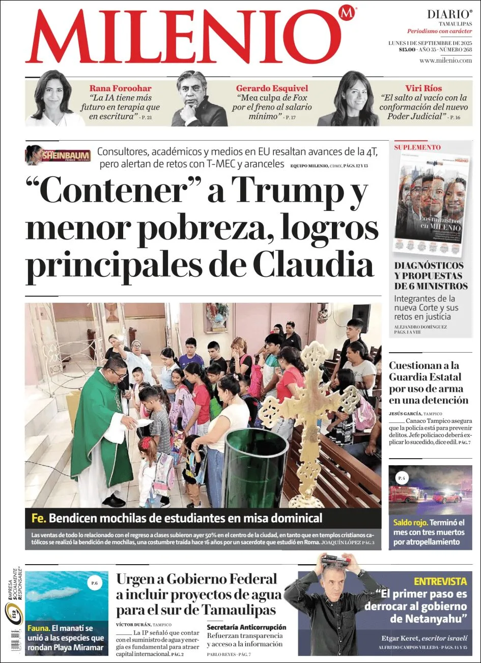 Portada de Milenio Tamaulipas del lunes, 1 de septiembre de 2025