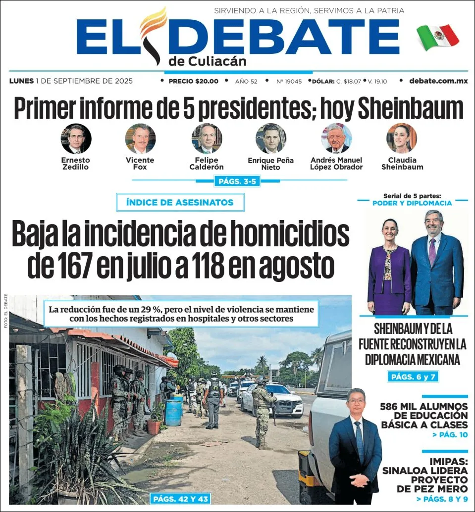 Portada de El Debate de Culiacan del lunes, 1 de septiembre de 2025
