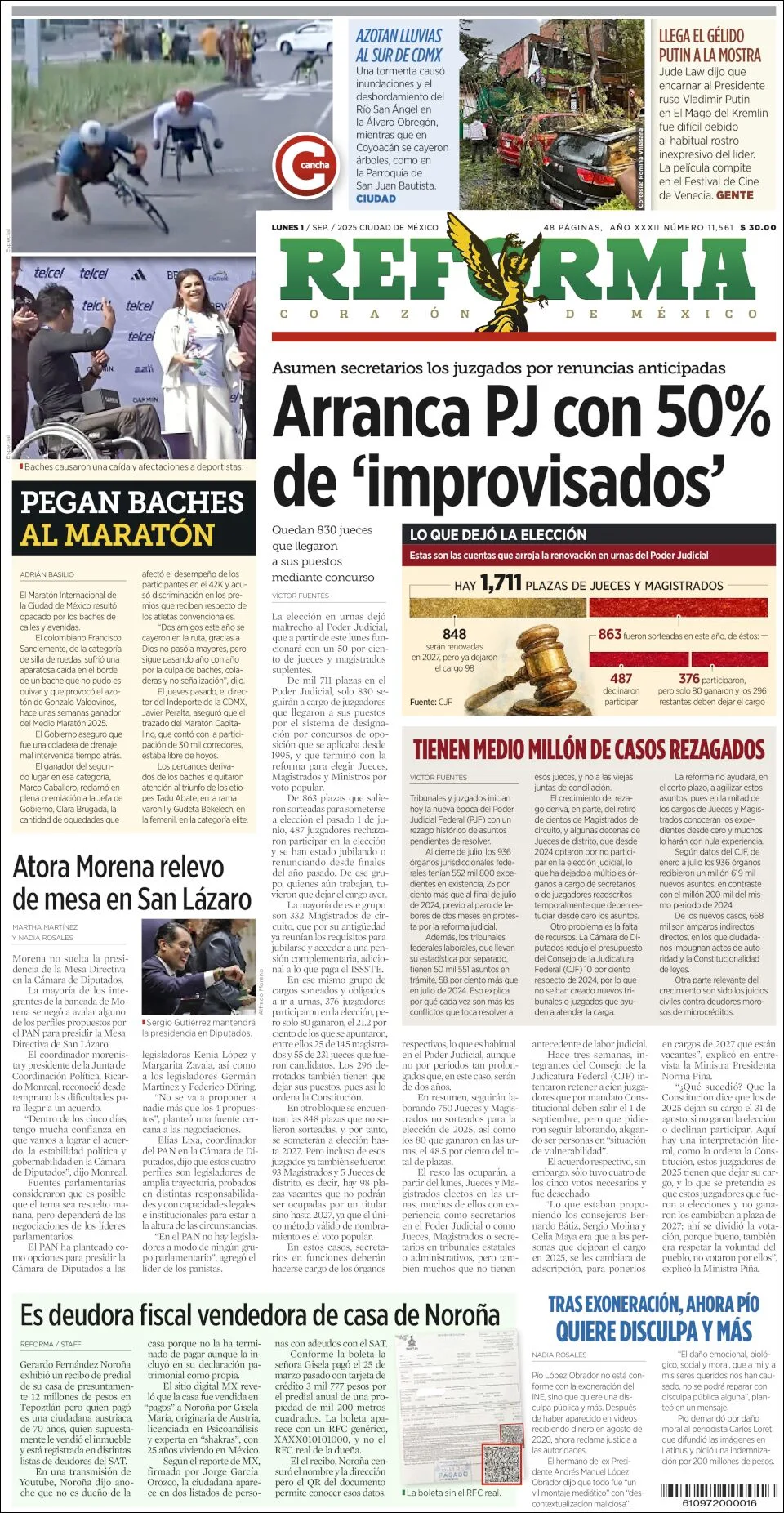 Portada de Reforma del lunes, 1 de septiembre de 2025