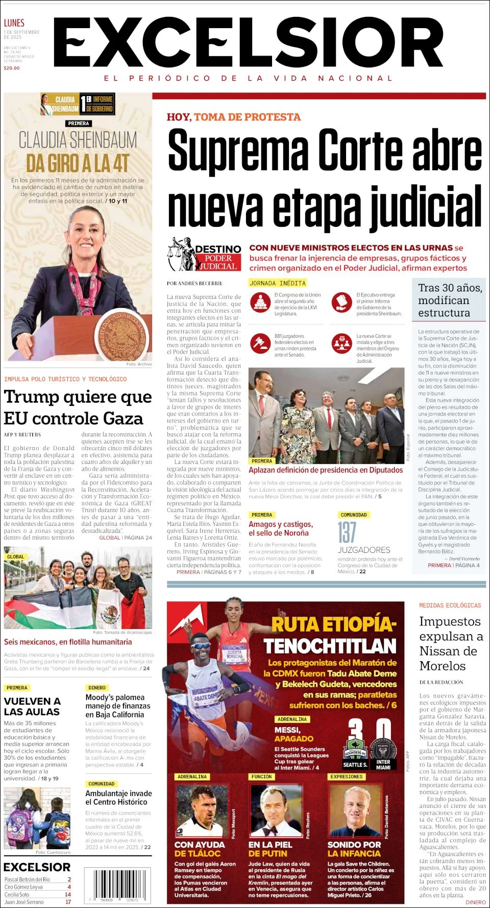 Portada de Excelsior del lunes, 1 de septiembre de 2025