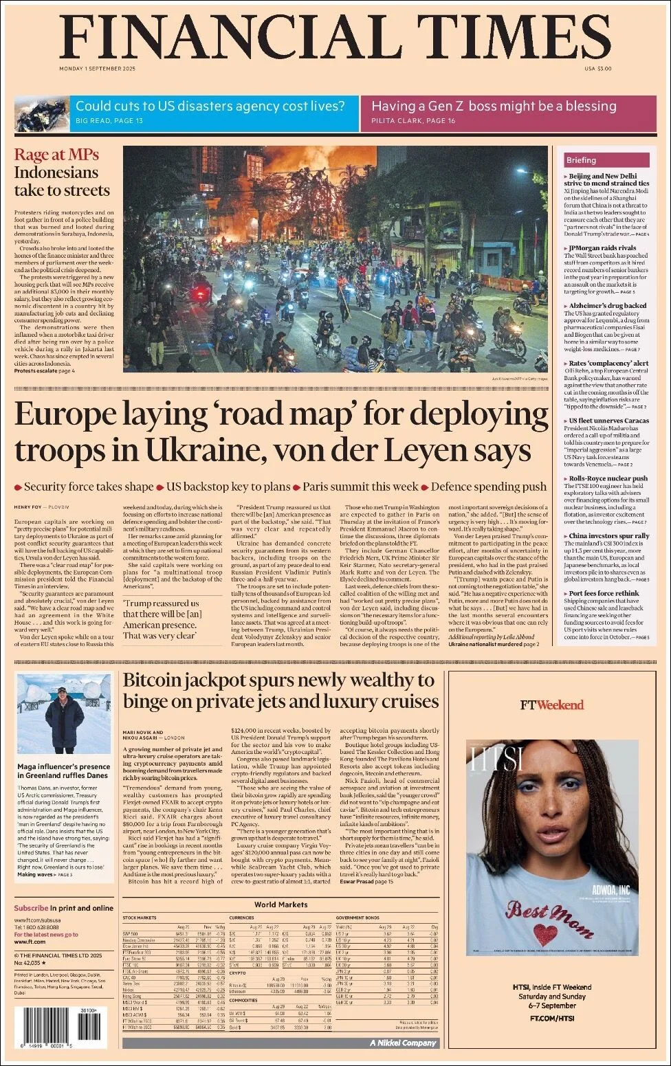 Portada de Financial Times del lunes, 1 de septiembre de 2025