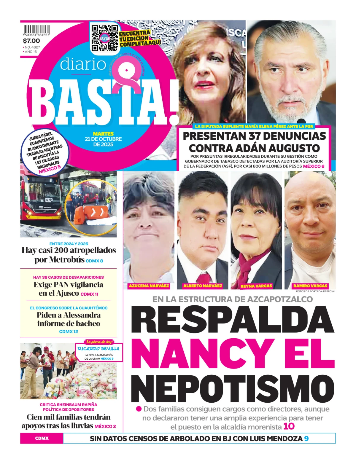 Portada de Diario Basta! (portada) del martes, 21 de octubre de 2025