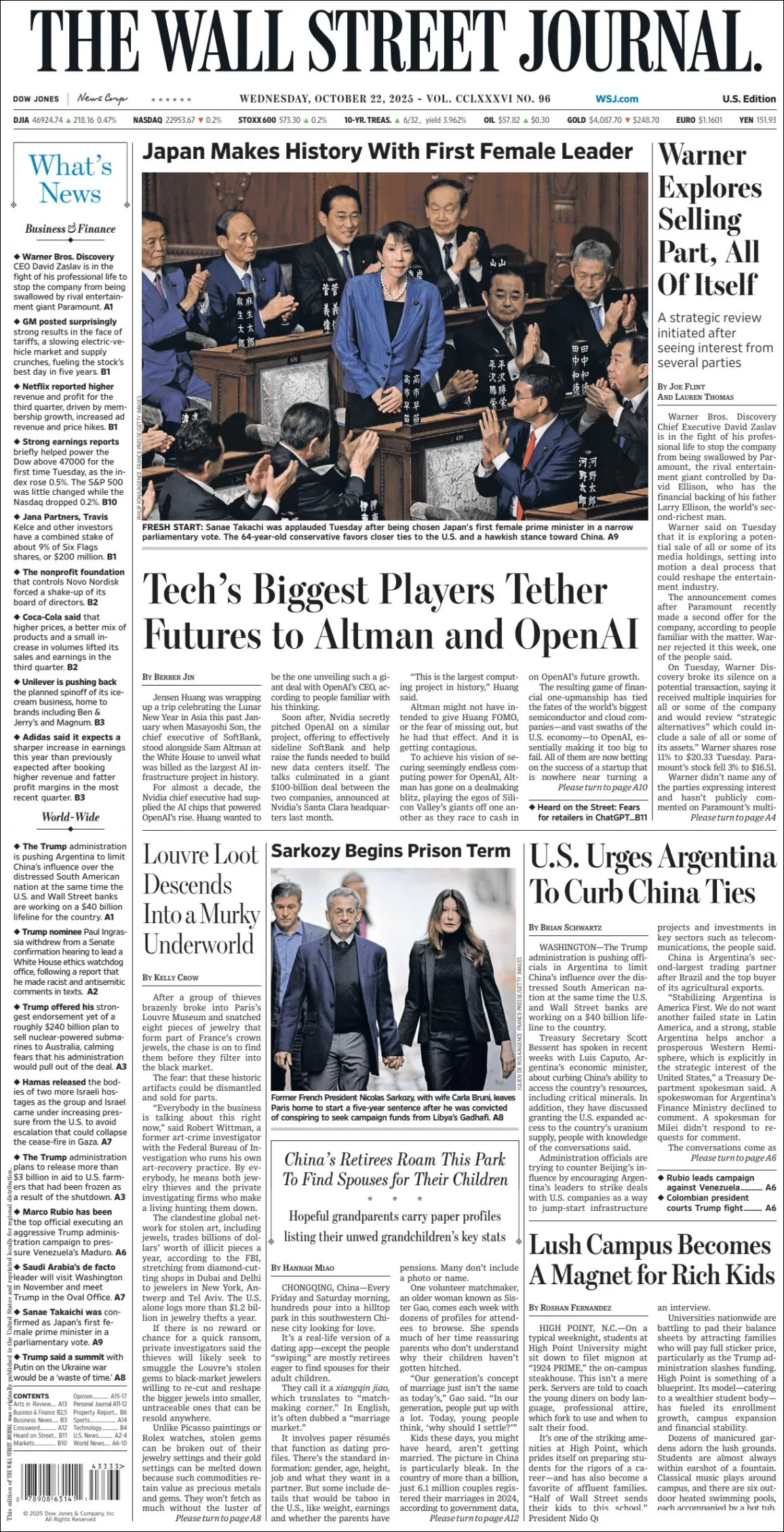 Portada de The Wall Street Journal del miércoles, 22 de octubre de 2025