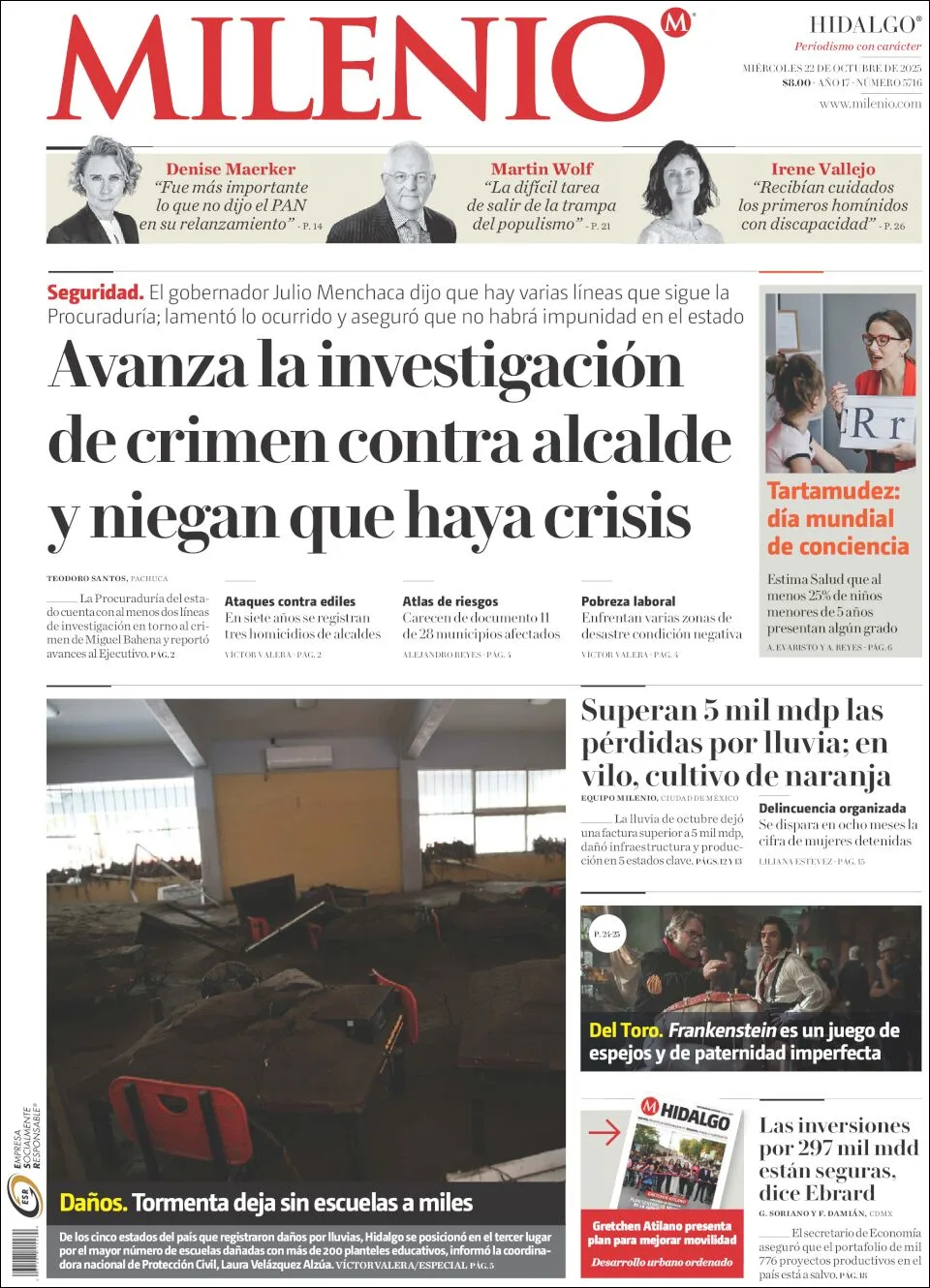 Portada de Milenio Hidalgo del miércoles, 22 de octubre de 2025