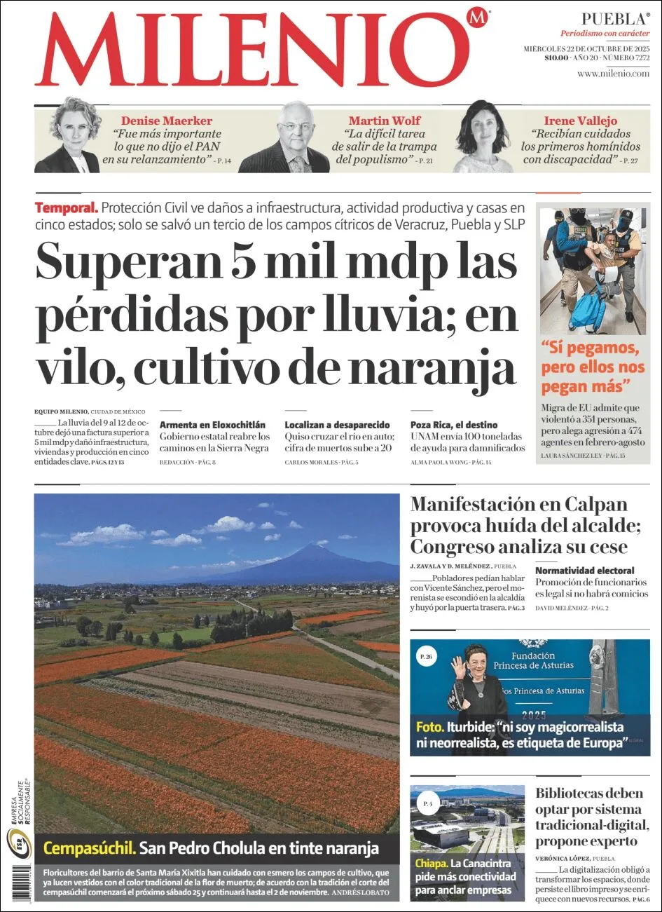 Portada de Milenio Puebla del miércoles, 22 de octubre de 2025