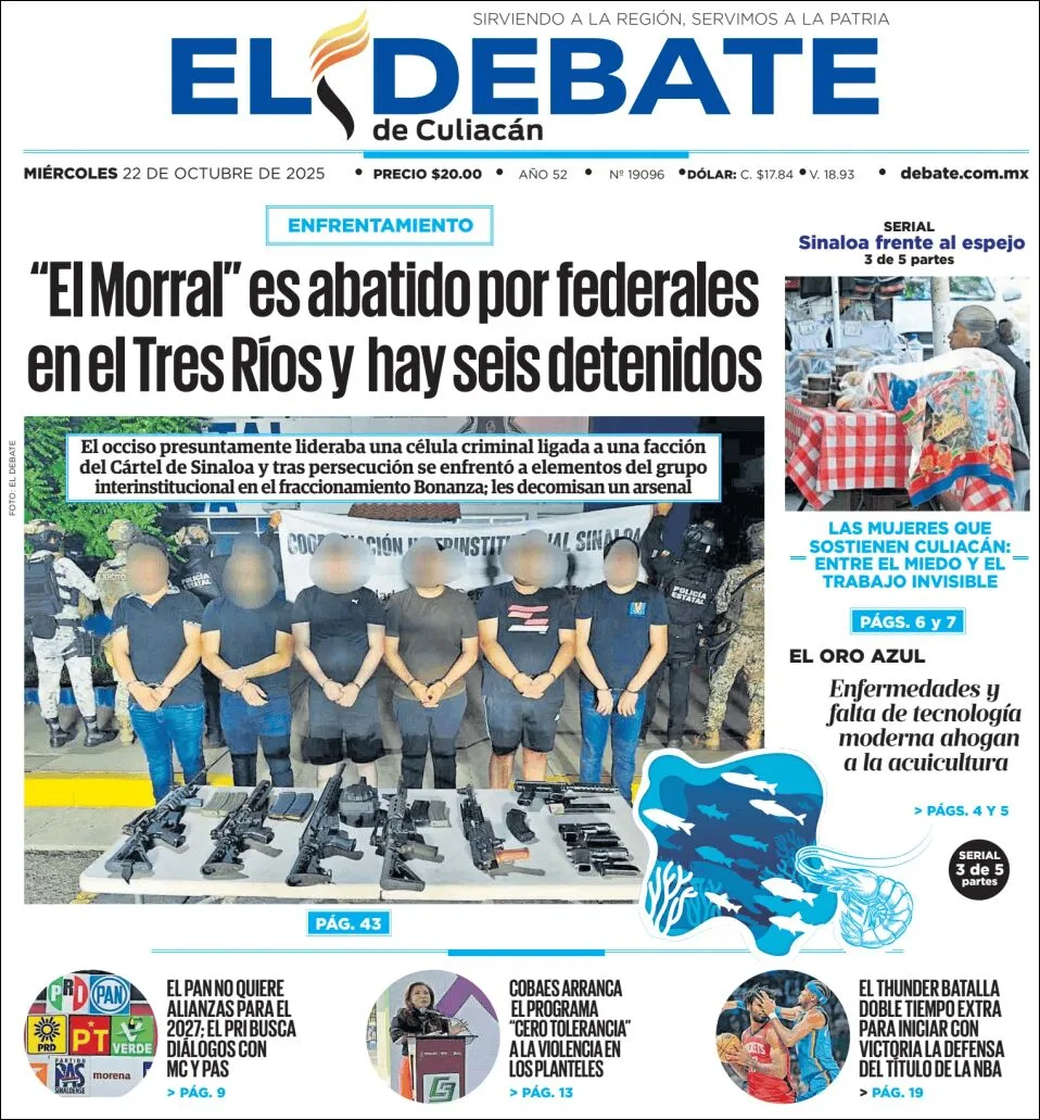 Portada de El Debate de Culiacan del miércoles, 22 de octubre de 2025