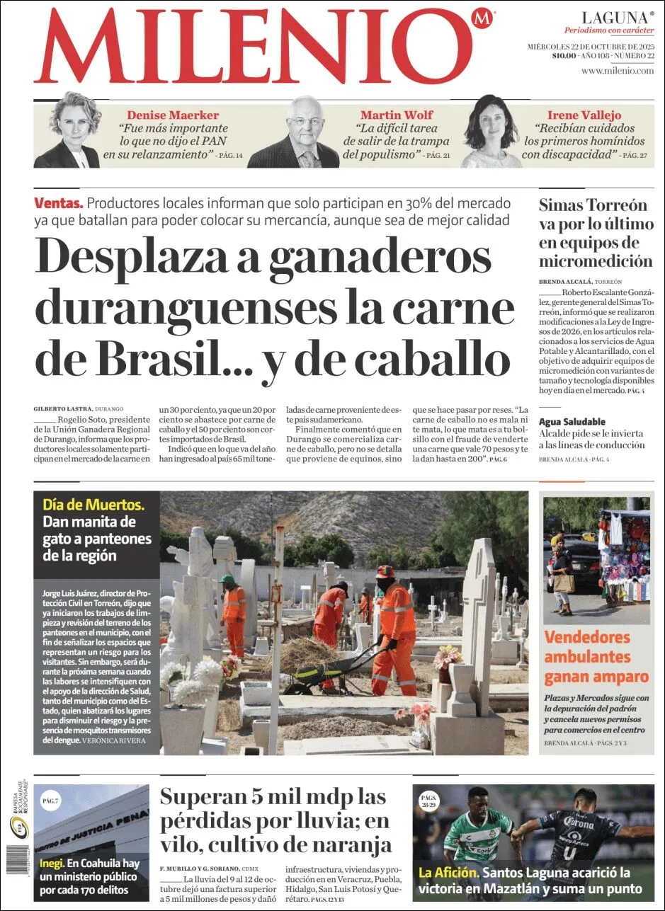 Portada de Milenio Laguna del miércoles, 22 de octubre de 2025