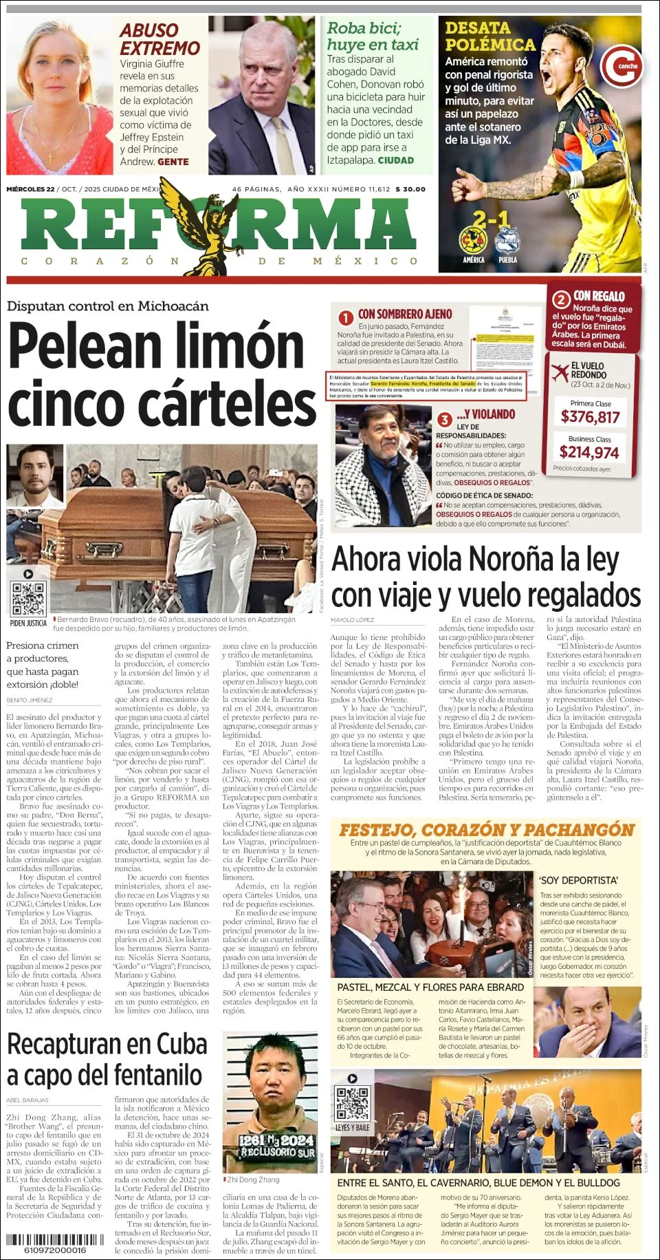 Portada de Reforma del miércoles, 22 de octubre de 2025