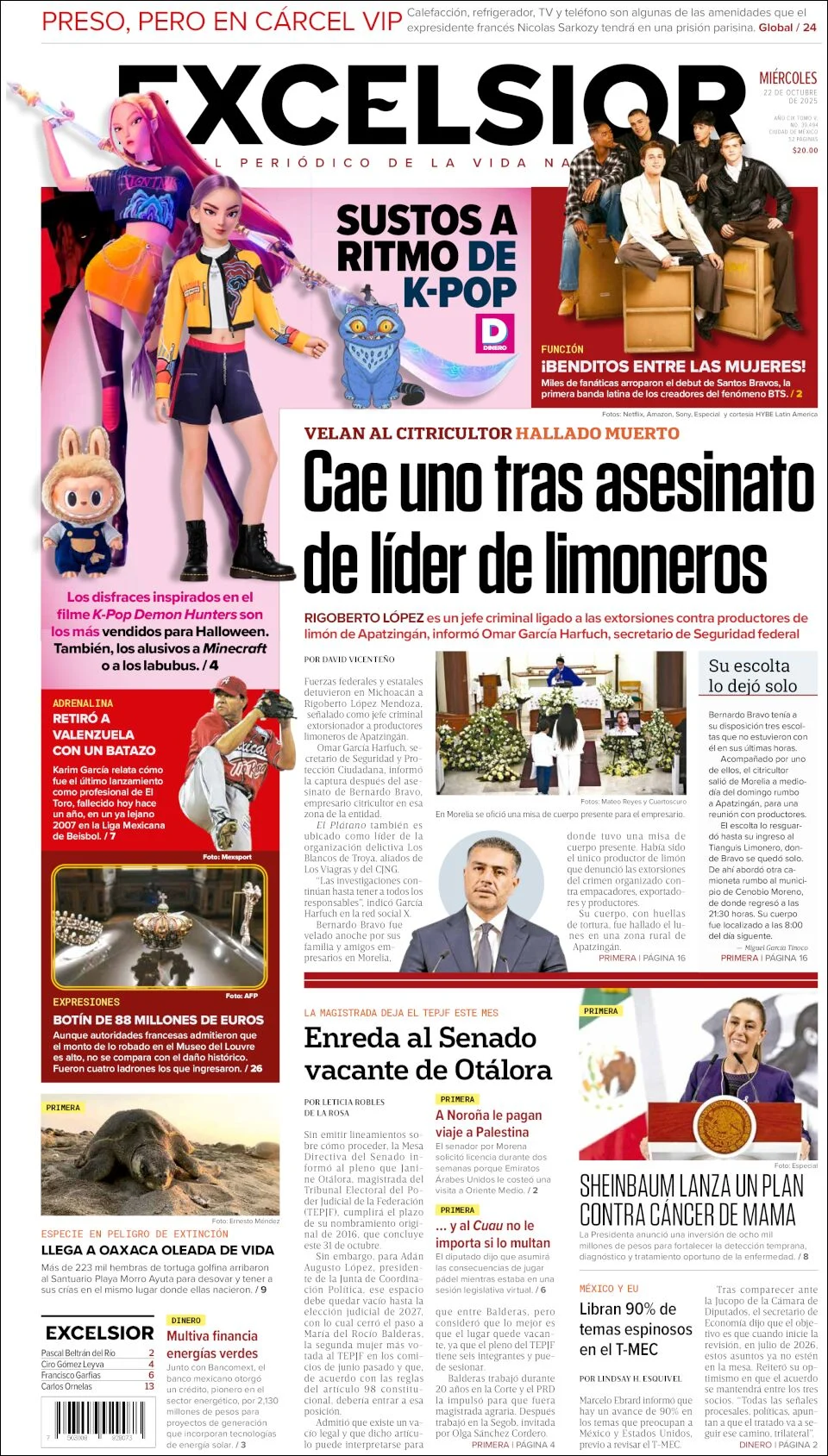 Portada de Excelsior del miércoles, 22 de octubre de 2025