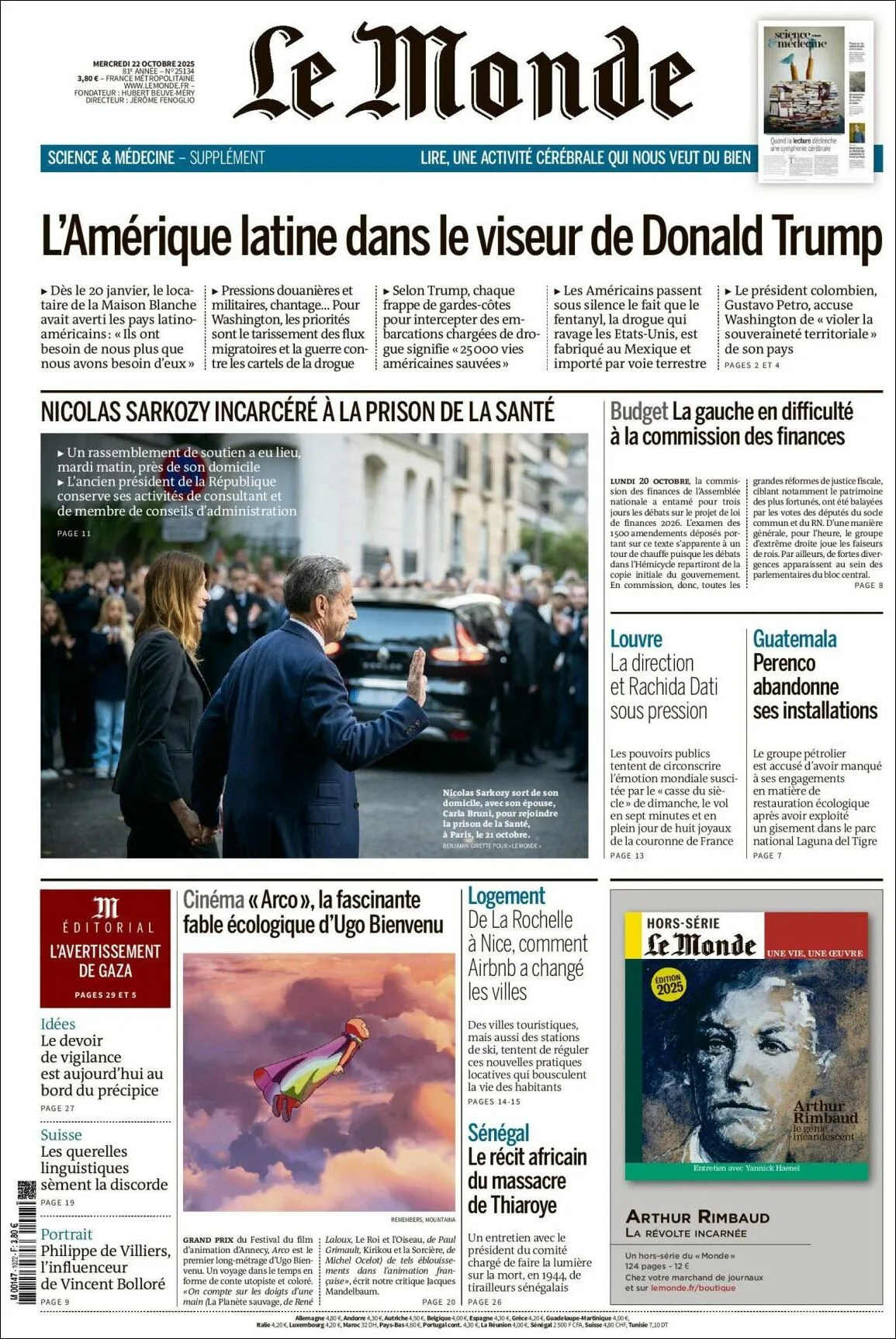 Portada de Le Monde del miércoles, 22 de octubre de 2025