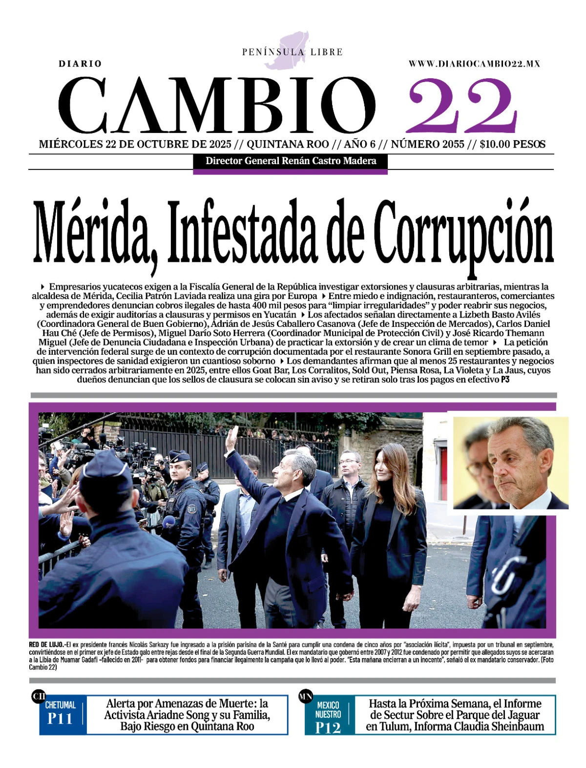 Portada de Diario Cambio 22 del miércoles, 22 de octubre de 2025