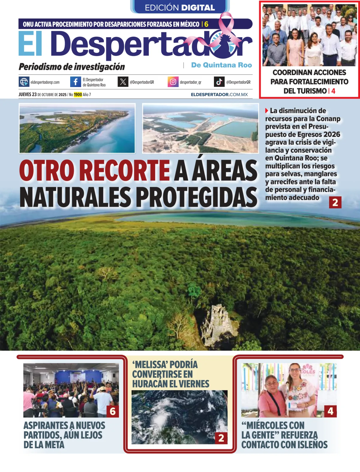 Portada de El Despertador de Quintana Roo del jueves, 23 de octubre de 2025