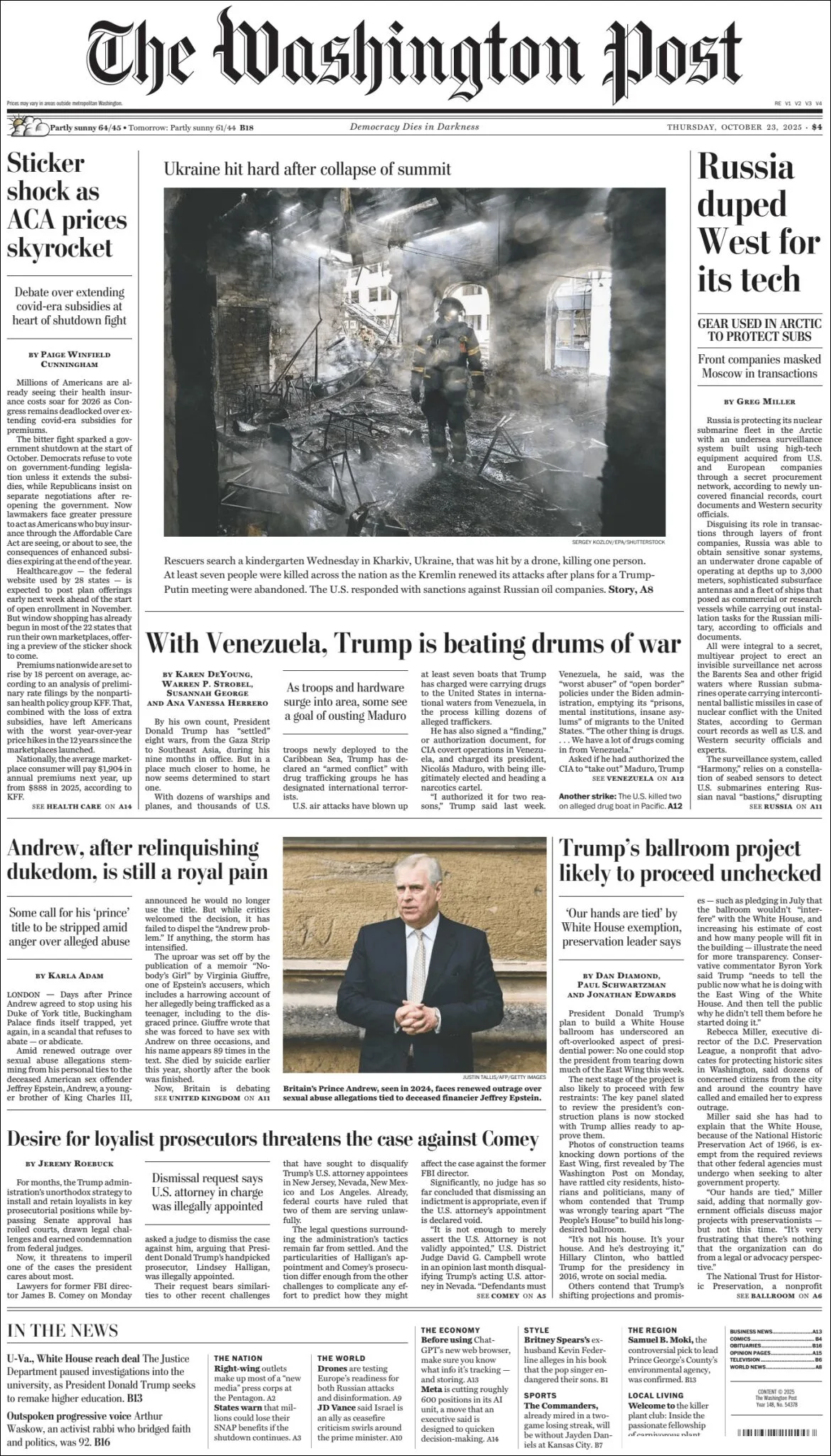 Portada de The Washington Post del jueves, 23 de octubre de 2025