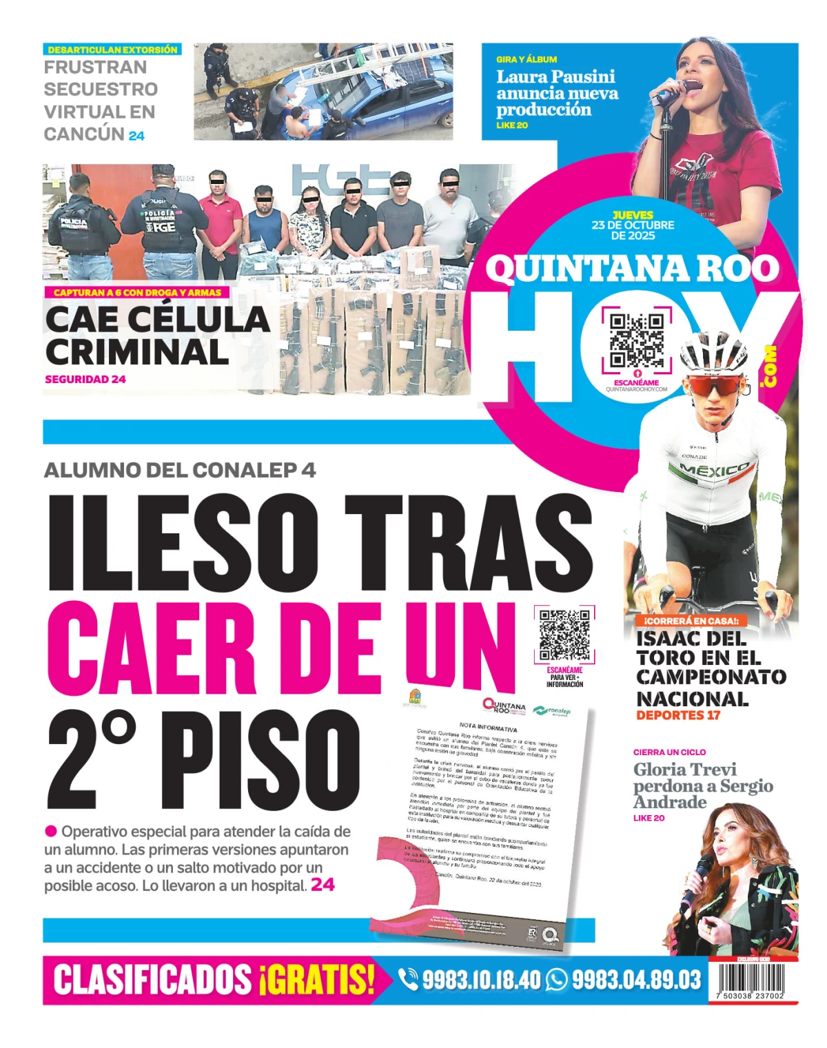 Portada de Quintana Roo Hoy (contraportada) del jueves, 23 de octubre de 2025