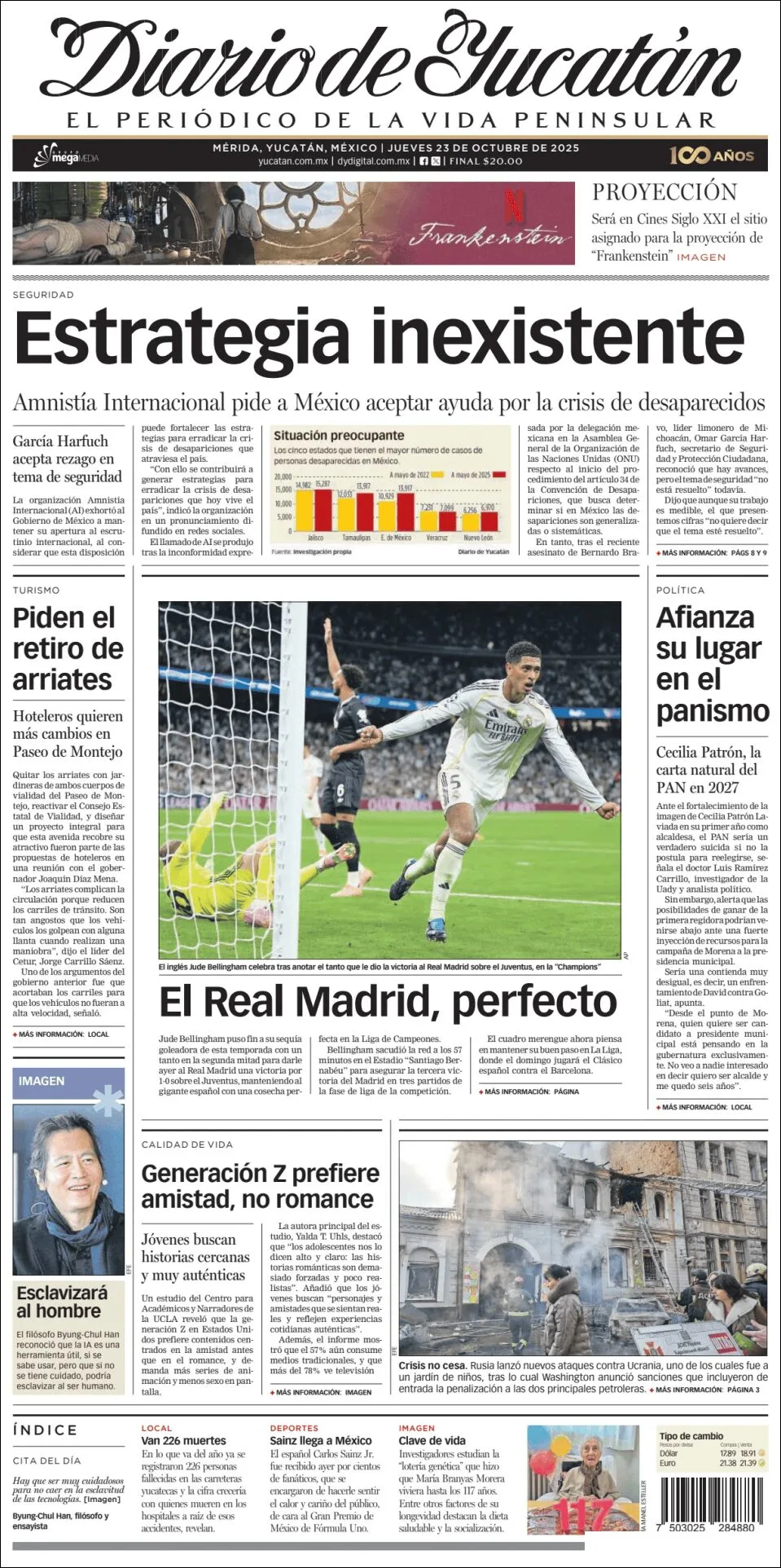 Portada de Diario de Yucatán del jueves, 23 de octubre de 2025