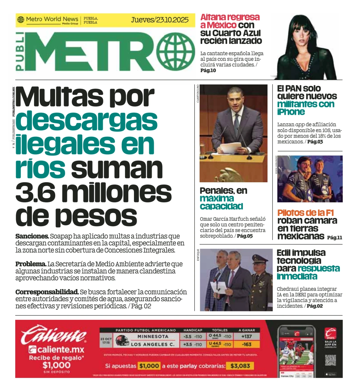 Portada de Publimetro Puebla del jueves, 23 de octubre de 2025