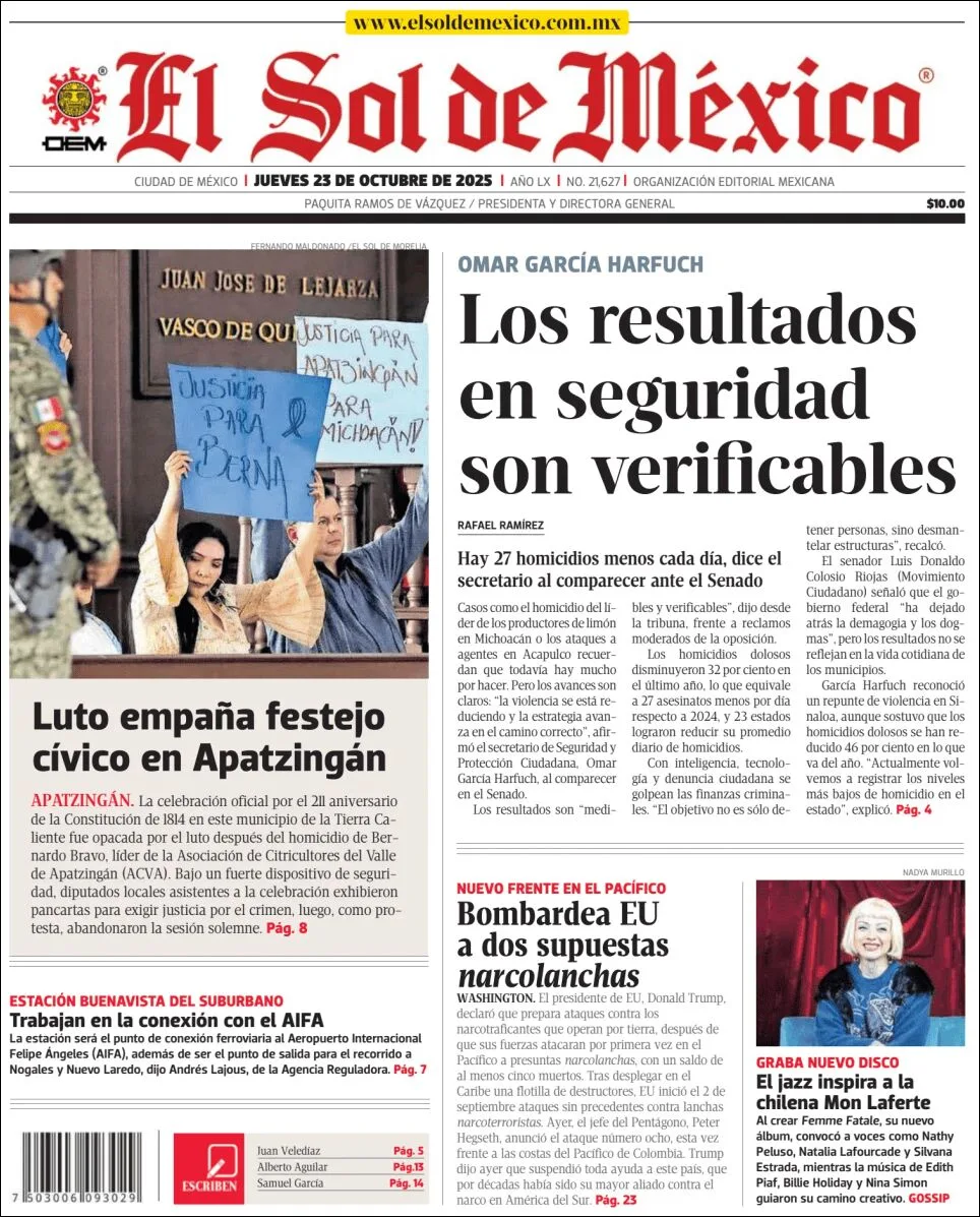 Portada de El Sol de Mexico del jueves, 23 de octubre de 2025