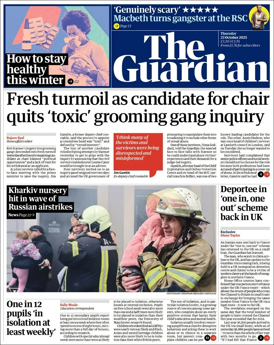 Portada de The Guardian (reino Unido) del jueves, 23 de octubre de 2025