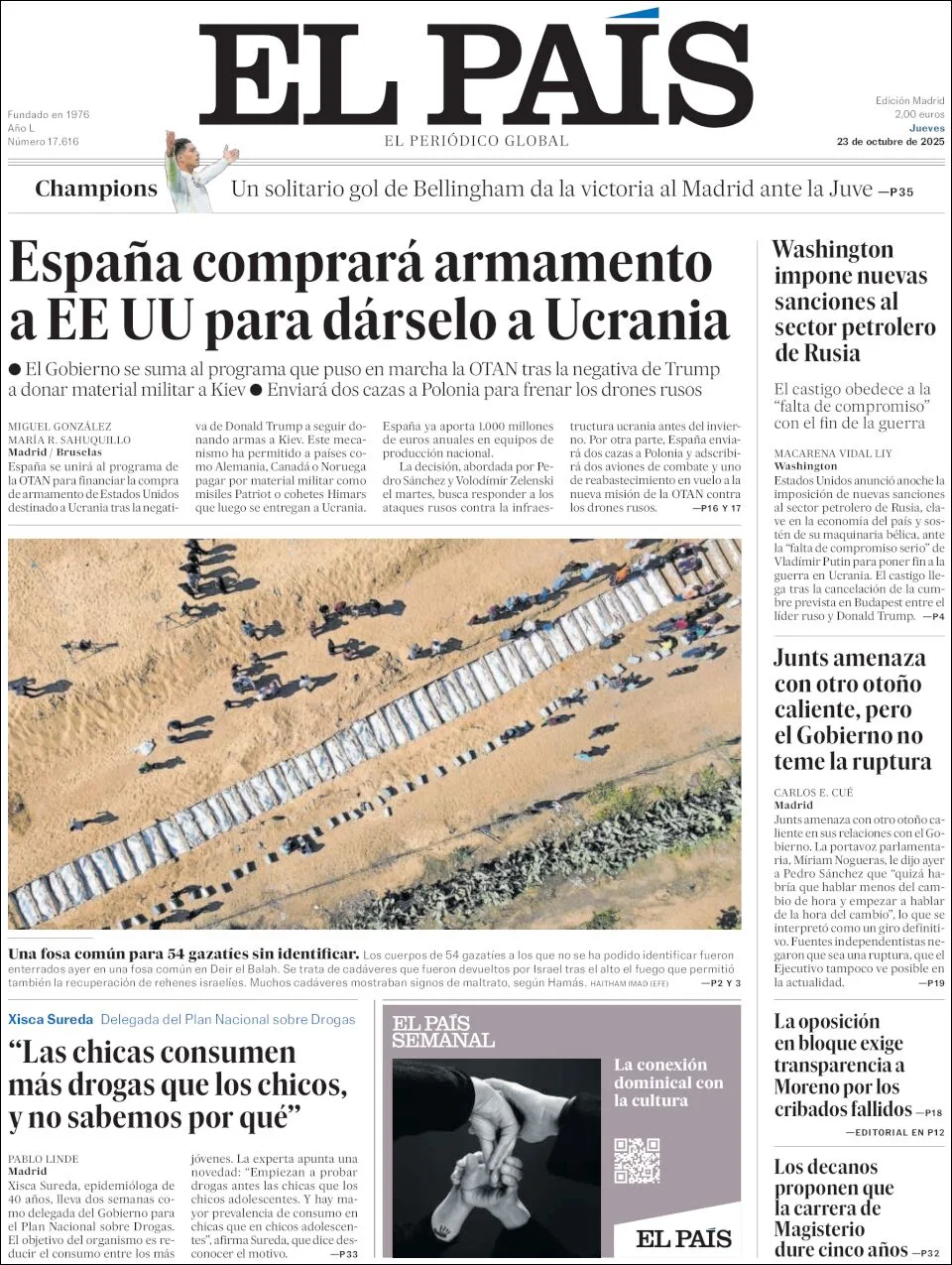 Portada de El Pais del jueves, 23 de octubre de 2025