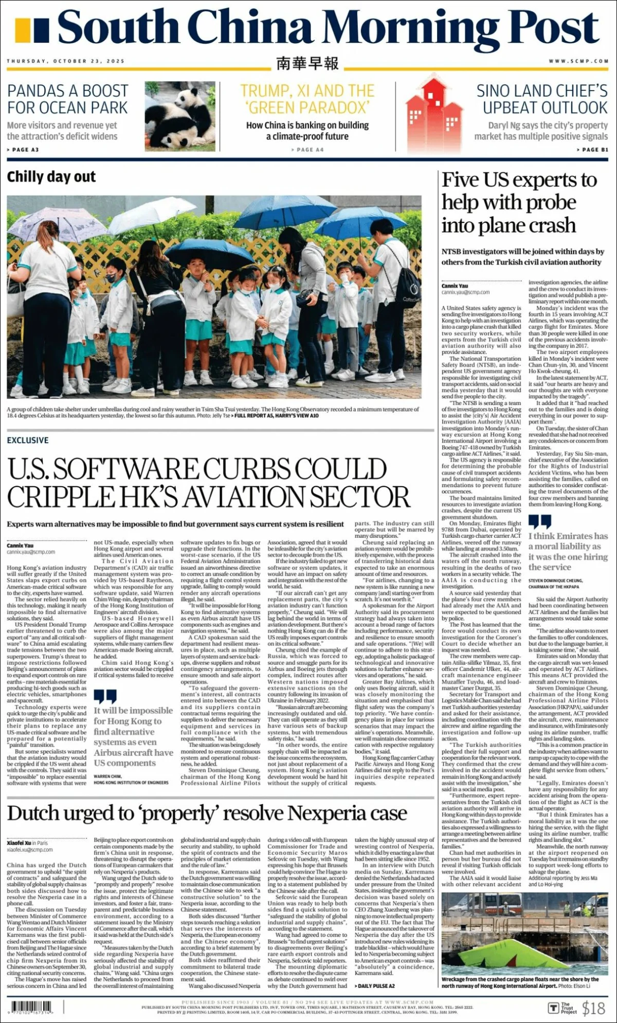 Portada de South China Morning Post del jueves, 23 de octubre de 2025