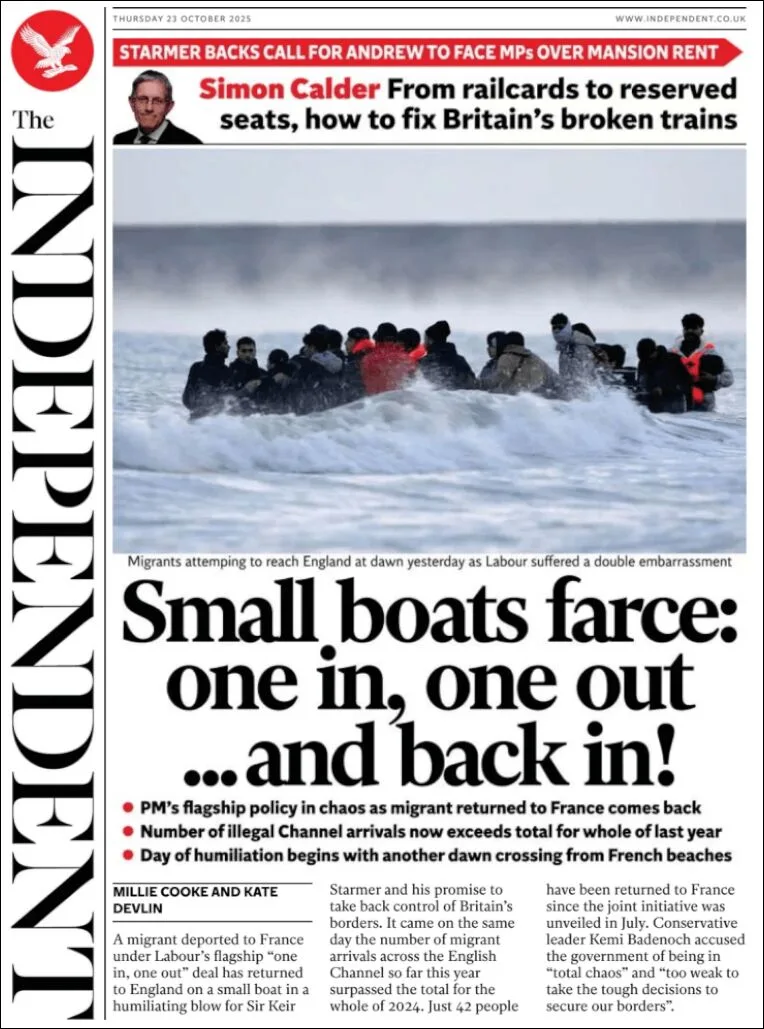 Portada de The Independent del jueves, 23 de octubre de 2025