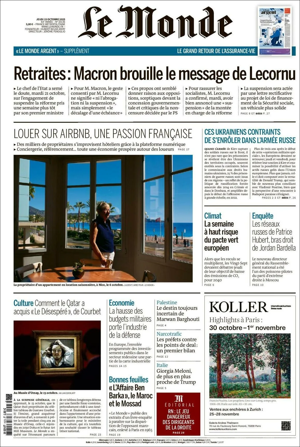 Portada de Le Monde del jueves, 23 de octubre de 2025