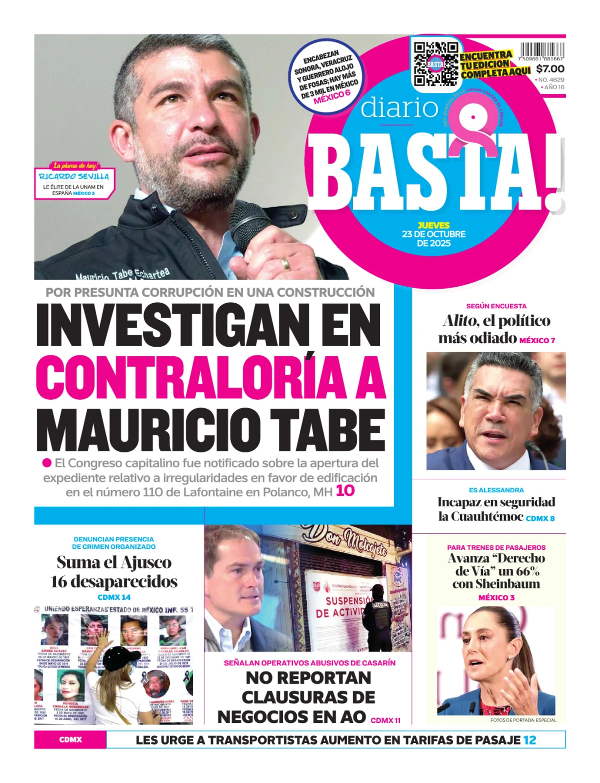 Portada de Basta! (portada) del jueves, 23 de octubre de 2025