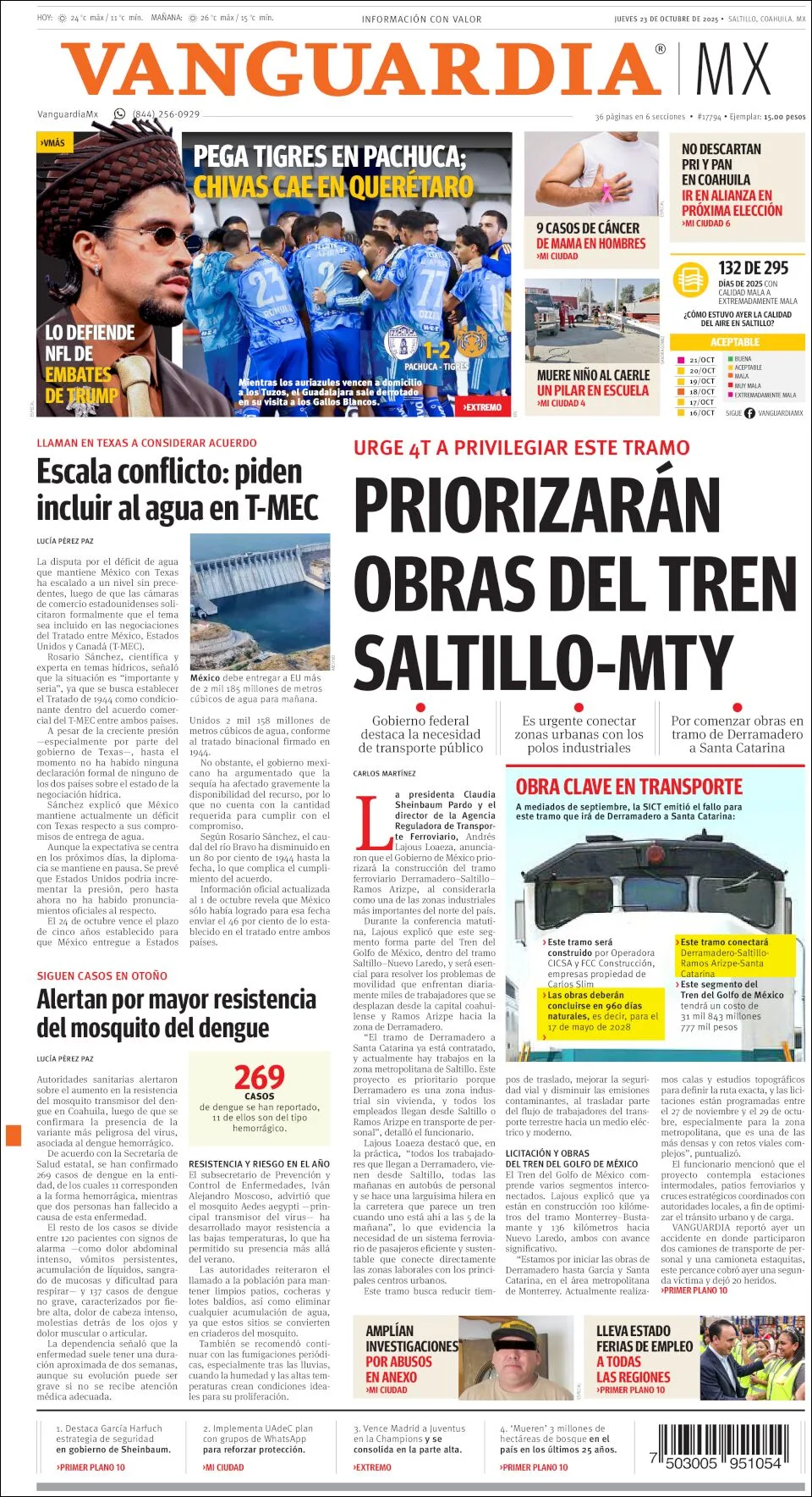 Portada de Vanguardia del jueves, 23 de octubre de 2025
